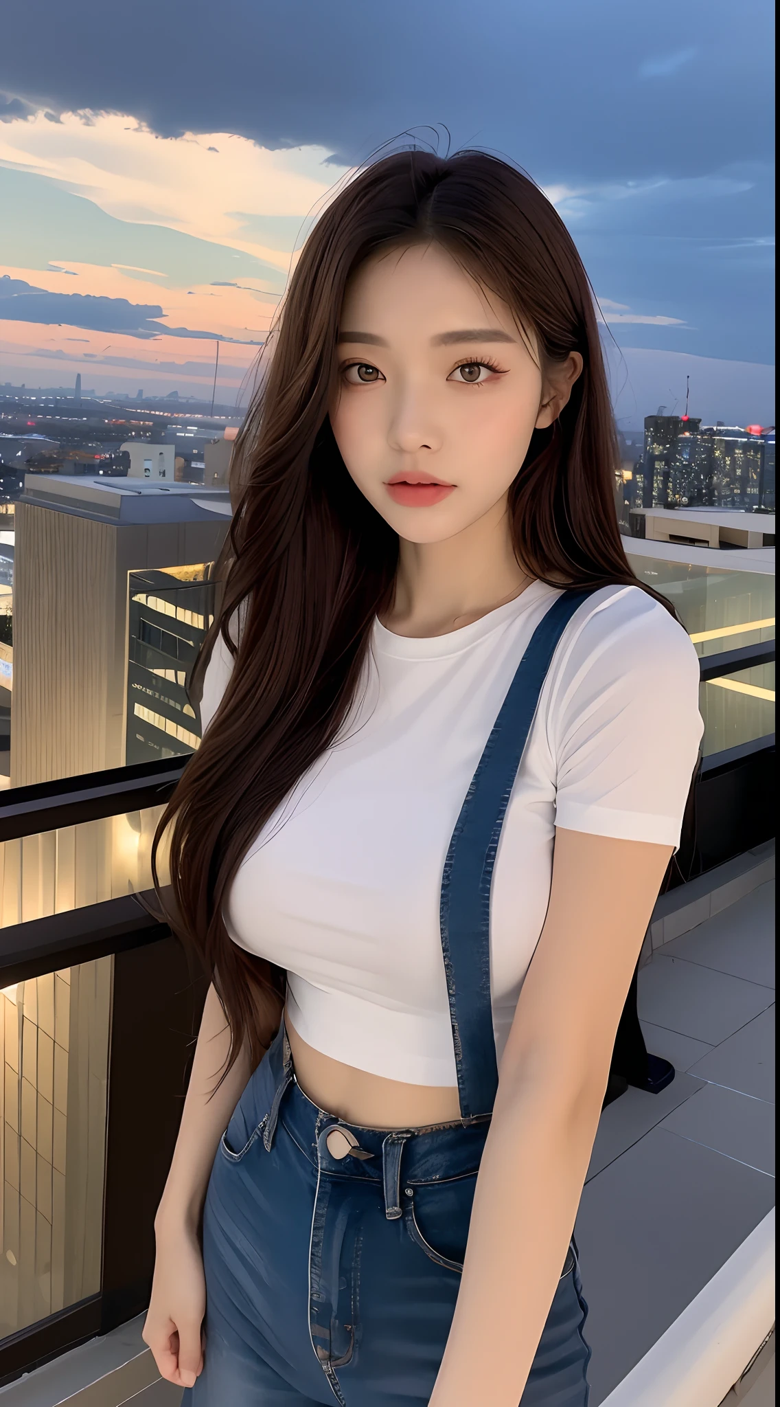 ((midnight, best quality, 8K, masterpiece :1.3)), whole body, long legs, sharp focus :1.2, pretty girl with perfect body :1.4, slim abs :1.1, ((dark brown hair, big bust :1.2)), (white tight t-shirt, bib jeans, standing:1.2), ((night city view, rooftop:1.3)), Highly detailed face and skin texture, detailed eyes, double eyelid, sunset, become dark, backlight, off shoulder