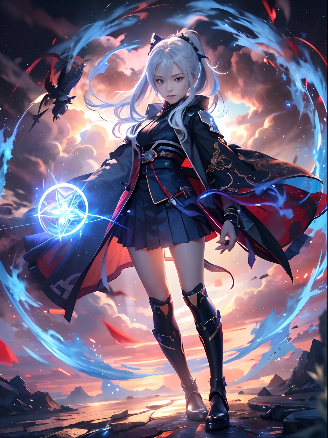 1girll, Japanese clothes, pony tails ,White hair, Purple eyes, Magical Circle, bluefire, blue flame, the wallpaper, landscape, Blood, blood spatter, Depth of field, Night, Light particles, Light rays, side-lighting, Thighs, fate \(Series\), Genshin Impact, ****, Open jacket, Skirt, upper legs, Cloud