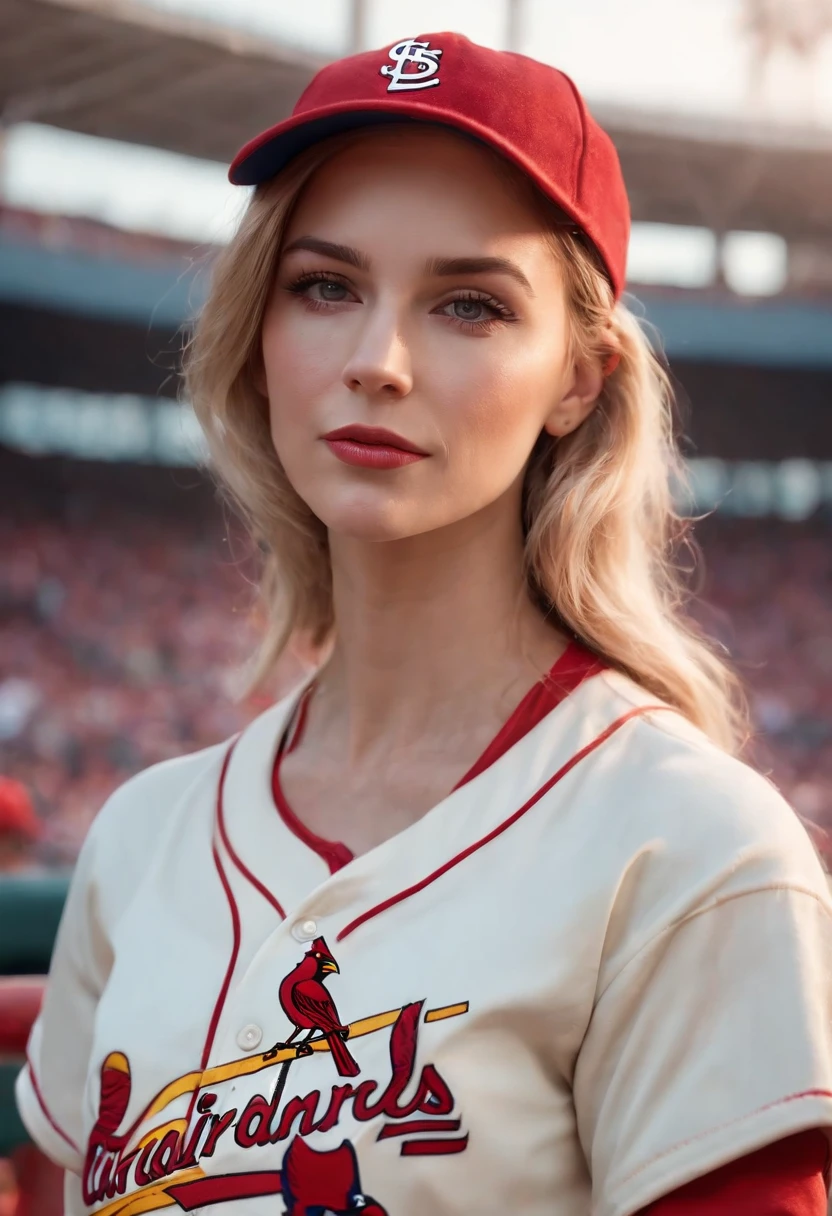 Teddi Mansueto, full body potrait of a photorealistic beautiful woman, (spectating a baseball game:1.5), hands in pockets:1.25, staring at camera in front, intense coloration fantasy, light hair, a stunning realistic photograph 20 years , random colored hair, (St Louis Cardinals fan fashion:1.3), random color eyes, full body, cover, hyperdetailed painting, luminism, octane render, Bar lighting, complex, 8k resolution concept art portrait by Martina Fačková and Prywinko Art, Artgerm, WLOP, Alphonse Mucha, Tony Taka, fractal isometrics details bioluminescence, hypereallistic cover photo awesome full color, hand drawn, bright, gritty, realistic, davinci, erte .12k, intricate. hit definition , cinematic,Rough sketch, mix of bold dark lines and loose lines, bold lines, on paper , real life human