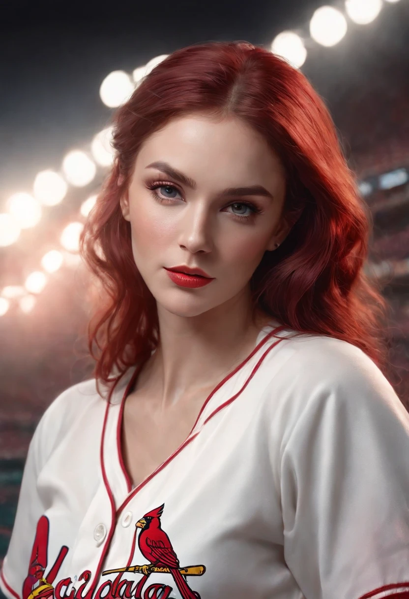 Teddi Mansueto, full body potrait of a photorealistic beautiful woman, (spectating a baseball game:1.5), hands in pockets:1.25, staring at camera in front, intense coloration fantasy, light hair, a stunning realistic photograph 20 years , random colored hair, (St Louis Cardinals fan fashion:1.3), random color eyes, full body, cover, hyperdetailed painting, luminism, octane render, Bar lighting, complex, 8k resolution concept art portrait by Martina Fačková and Prywinko Art, Artgerm, WLOP, Alphonse Mucha, Tony Taka, fractal isometrics details bioluminescence, hypereallistic cover photo awesome full color, hand drawn, bright, gritty, realistic, davinci, erte .12k, intricate. hit definition , cinematic,Rough sketch, mix of bold dark lines and loose lines, bold lines, on paper , real life human