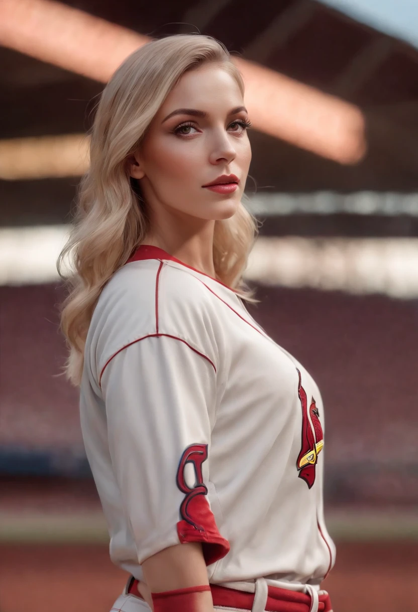Teddi Mansueto, full body potrait of a photorealistic beautiful woman, (spectating a baseball game:1.5), hands in pockets:1.25, staring at camera in front, intense coloration fantasy, light hair, a stunning realistic photograph 20 years , random colored hair, (St Louis Cardinals fan fashion:1.3), random color eyes, full body, cover, hyperdetailed painting, luminism, octane render, Bar lighting, complex, 8k resolution concept art portrait by Martina Fačková and Prywinko Art, Artgerm, WLOP, Alphonse Mucha, Tony Taka, fractal isometrics details bioluminescence, hypereallistic cover photo awesome full color, hand drawn, bright, gritty, realistic, davinci, erte .12k, intricate. hit definition , cinematic,Rough sketch, mix of bold dark lines and loose lines, bold lines, on paper , real life human
