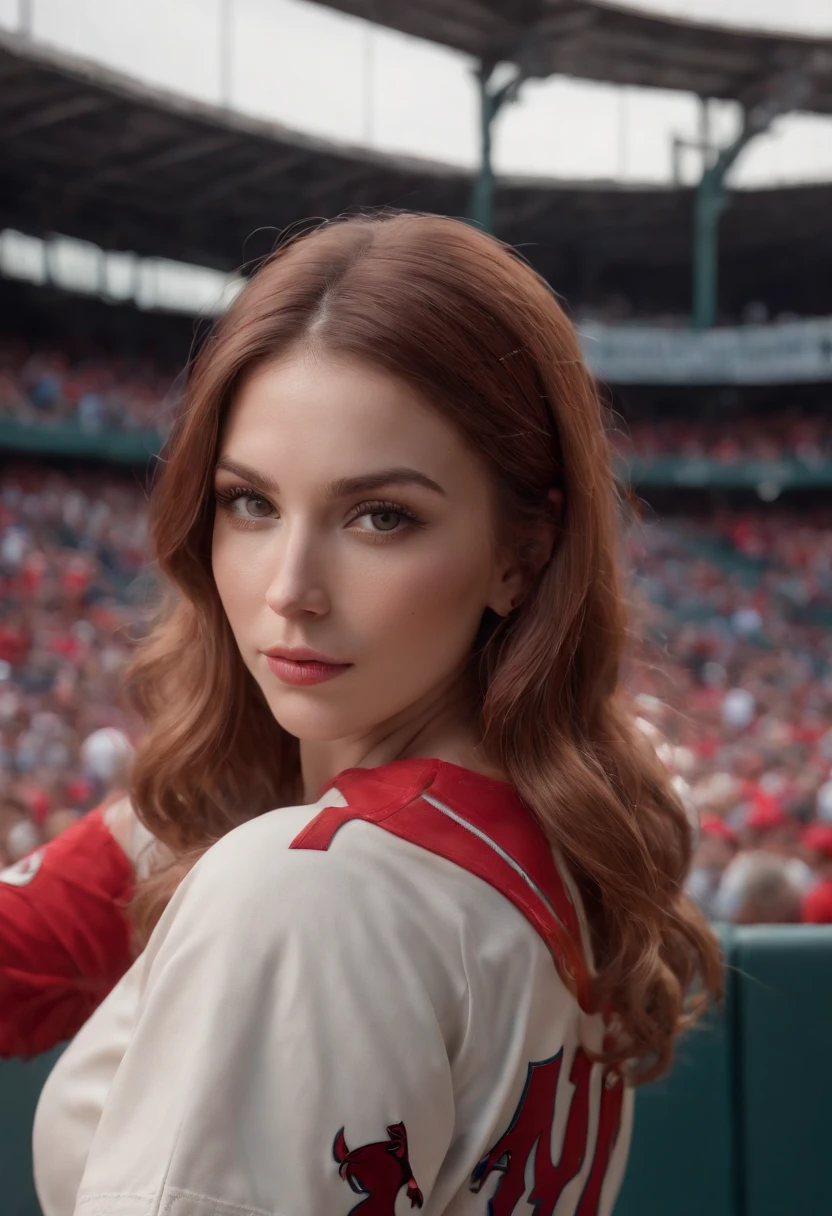 Teddi Mansueto, full body potrait of a photorealistic beautiful woman, (spectating a baseball game:1.5), hands in pockets:1.25, staring at camera in front, intense coloration fantasy, light hair, a stunning realistic photograph 20 years , random colored hair, (St Louis Cardinals fan fashion:1.3), random color eyes, full body, cover, hyperdetailed painting, luminism, octane render, Bar lighting, complex, 8k resolution concept art portrait by Martina Fačková and Prywinko Art, Artgerm, WLOP, Alphonse Mucha, Tony Taka, fractal isometrics details bioluminescence, hypereallistic cover photo awesome full color, hand drawn, bright, gritty, realistic, davinci, erte .12k, intricate. hit definition , cinematic,Rough sketch, mix of bold dark lines and loose lines, bold lines, on paper , real life human