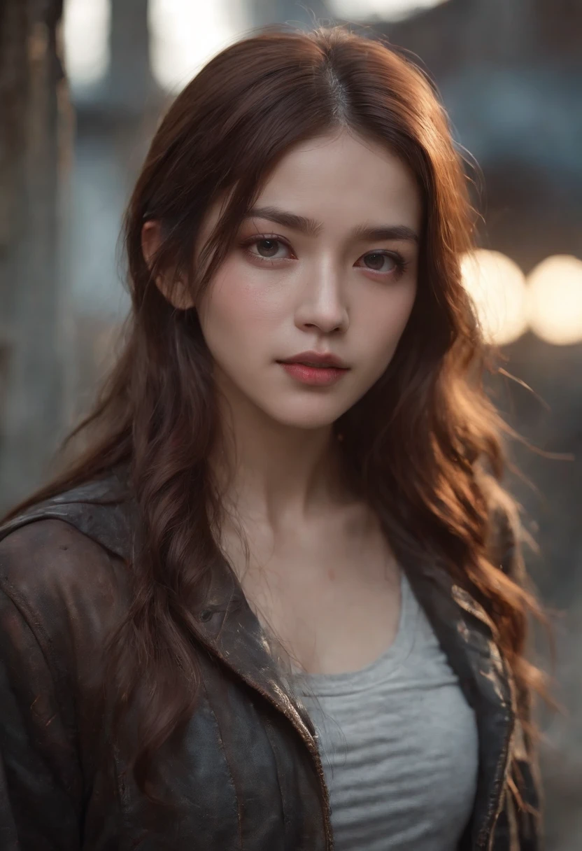 A breathtakingly beautiful girl, Radiant and charming eyes, Cold and intense, Long flowing hair, Sweaty body, Post-apocalyptic punk shirt, Short shorts, boot, Ultra photo realsisim, Realistic, best quality real texture skin, movie atmosphere, Tattered clothes, (Post-apocalyptic punk, Post-apocalyptic fiction), A post-apocalyptic world where buildings collapse, (blood stain), The art of Rei Kurahashi, Haunting and solemn, A beam of light shines through, Illuminate the gloomy environment, (Best quality, Masterpiece, Depth of field, Full-HD, 4K, Richness of detail), Portrait style,Upper body