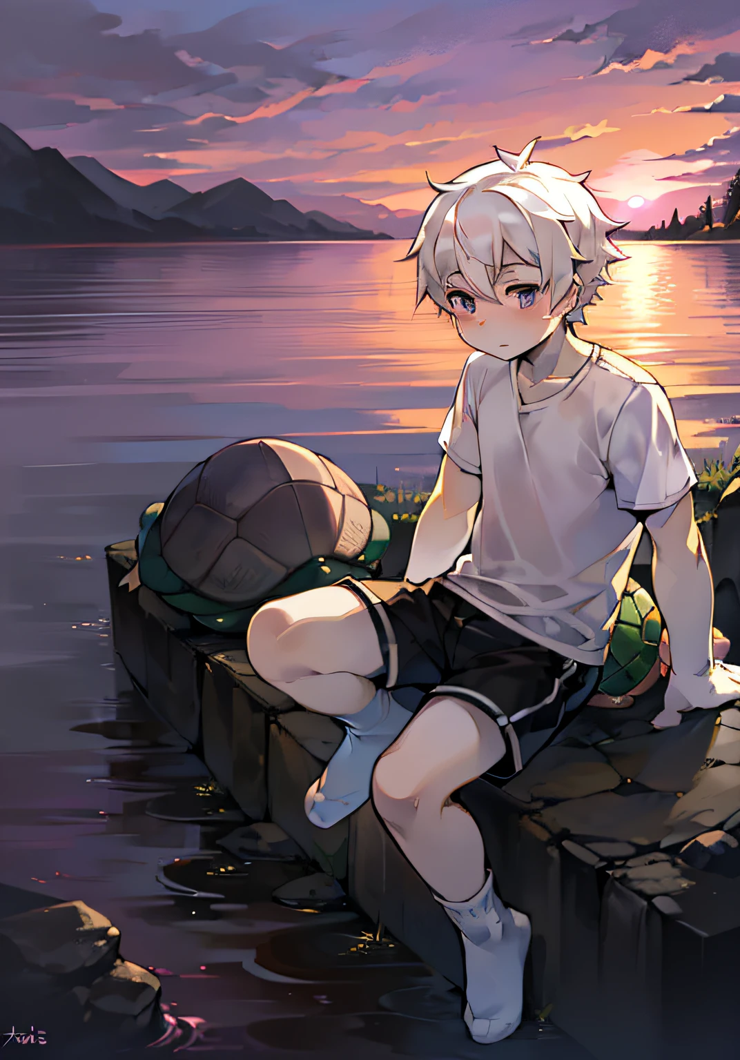 (A turtle),catss,sitting on the stone,((Shota)),Yellow and white hair, Very good figure, Handsome,adolable, Light:Extreme light and shadow, Reflective skin,White short-sleeved T-shirt, ((Wear white socks)),Black shorts,((Under the pink sunset)),Outdoor sunset,Purple clouds