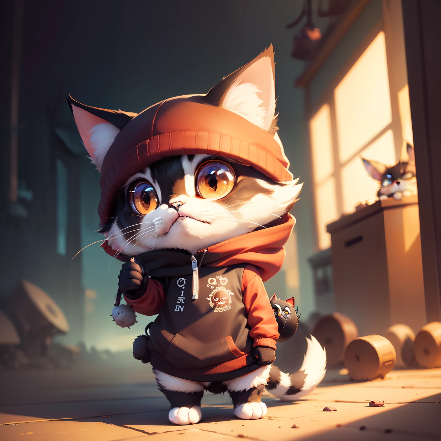 High-quality cartoon-style 3D character creation, cat modeling, Baymax-style big head, red hat with yellow jacket, close-up effect (Mr. Nimbus: 1.2), diversified creative images, stylized character design, the latest trend (PolyCount), bring you a charming and cute visual feast.