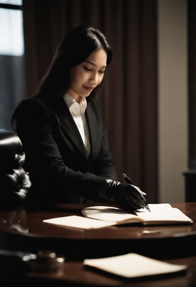 Wearing black leather gloves in both hands, upper body, black business suit, facing the desk in the modern study in the dark, looking down, smiling, writing a letter using a fountain pen, long, straight black hair, young and cute face Japanese female new employee (black leather gloves cover both hands)