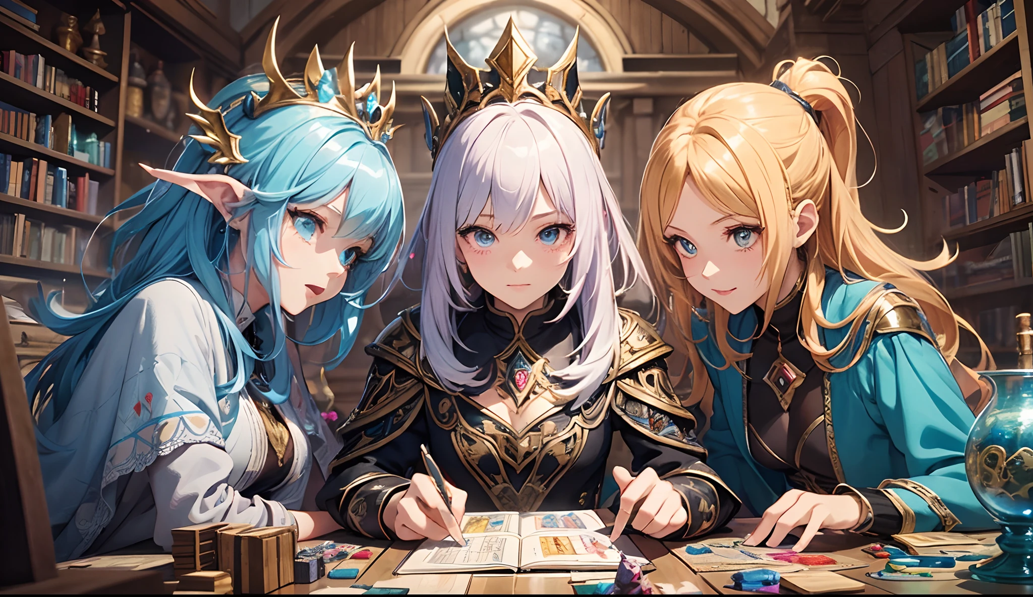 anime style, 4  playing a D&D style board game (best quality,4k,8k,High,masterpiece:1.2),ultra-detailed,(realistic,photorealistic,photorealistic:1.37),vivid colors,(Portraits: 1.1),(conceptual artists:1.1),bright colors,dynamic lighting,imaginative composition,whimsical characters,happy atmosphere,fantasy setting,exciting poses,magical creatures,unique character designs,Detailed background,beautifully illustrated,Detailed anime eyes ,bright anime hair,expressive facial expressions,wonderful costumes,colorful dice,elaborate board game,old dusty wooden table,tattered rulebook,fantasy miniatures,rolling says,animated game actions,engaging narrative,Enchanted World,emotion and suspense, action-packed scenes, team cooperation and friendship, Creativity and Imagination, Fantasy adventures, bright and charming illustrations, depth and richness in colors, intricate details in the game pieces, behind-the-scenes stories of imaginative characters, joyful movements and energetic, sparkling spell effects, comic book style speech bubbles, magical aura around the game, sparkling gems and treasures, dynamic camera angles, shadows and highlights, exaggerated proportions, positive and upbeat tone, surrounded by fantasy landscapes, expressions and enthusiastic gestures, action figures and figurines, illustrations with a touch of whimsy, colorful fantasy maps, floating islands and magical floating objects, mystical creatures and legendary beasts, fantasy armor and weapons, playful magical creatures, emotions and camaraderie in character interactions ,Enchanted forest and mysterious caves,animated spells and special abilities,heroes and heroines in epic battles and missions,unique character classes and abilities,emotion and expectation for the outcome of the game,immersive narrative through visual cues. --auto --s2