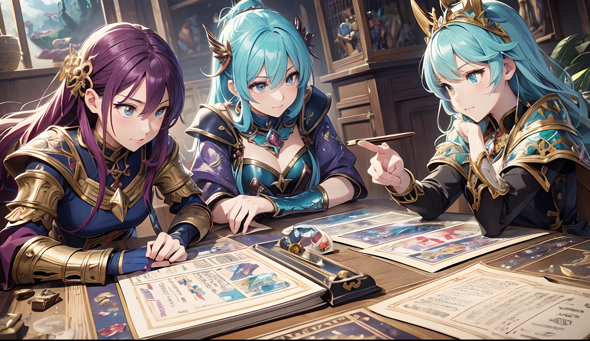 anime style, 4 kids playing a D&D style board game (best quality,4k,8k,High,masterpiece:1.2),ultra-detailed,(realistic,photorealistic,photorealistic:1.37),vivid colors,(Portraits: 1.1),(conceptual artists:1.1),bright colors,dynamic lighting,imaginative composition,whimsical characters,happy atmosphere,fantasy setting,exciting poses,magical creatures,unique character designs,Detailed background,beautifully illustrated,Detailed anime eyes ,bright anime hair,expressive facial expressions,wonderful costumes,colorful dice,elaborate board game,old dusty wooden table,tattered rulebook,fantasy miniatures,rolling says,animated game actions,engaging narrative,Enchanted World,emotion and suspense, action-packed scenes, team cooperation and friendship, Creativity and Imagination, Fantasy adventures, bright and charming illustrations, depth and richness in colors, intricate details in the game pieces, behind-the-scenes stories of imaginative characters, joyful movements and energetic, sparkling spell effects, comic book style speech bubbles, magical aura around the game, sparkling gems and treasures, dynamic camera angles, shadows and highlights, exaggerated proportions, positive and upbeat tone, surrounded by fantasy landscapes, expressions and enthusiastic gestures, action figures and figurines, illustrations with a touch of whimsy, colorful fantasy maps, floating islands and magical floating objects, mystical creatures and legendary beasts, fantasy armor and weapons, playful magical creatures, emotions and camaraderie in character interactions ,Enchanted forest and mysterious caves,animated spells and special abilities,heroes and heroines in epic battles and missions,unique character classes and abilities,emotion and expectation for the outcome of the game,immersive narrative through visual cues. --auto --s2