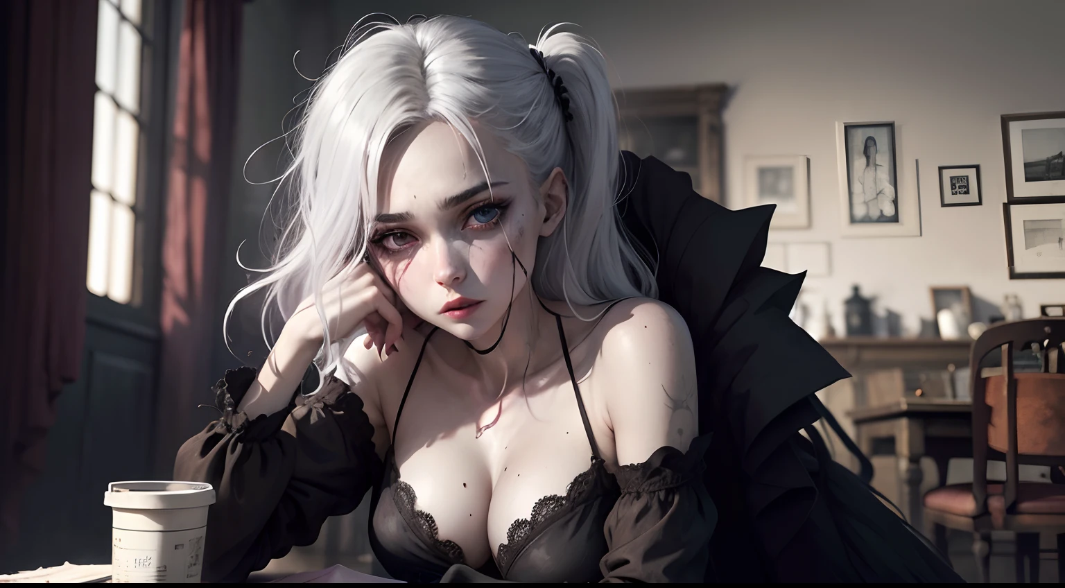A very pal humanoid character, aux yeux rouges, Elle est folle, Noix, horreur, Elle est effrayante, Elle est effrayante, Valeur de choc, very diabolical, Elle est maigre, evoke, Peur, terreur, terreur, pourrir, disgust, elle est psychopathe, Sombre, Exceptionnellement mince, mince, Scraggly, emaciated, tordu, effrayant, Malade, Background ruins, Blanc long_robe, gore, sanglant_mains, seulement, corps entier, (messy_long_Sombre_cheveux), bosseler, Mauvais yeux, les yeux brillants, fire in the background, (She wears a very dirty old torn_blanc_robe), psychopathe, leaning on a sofa,