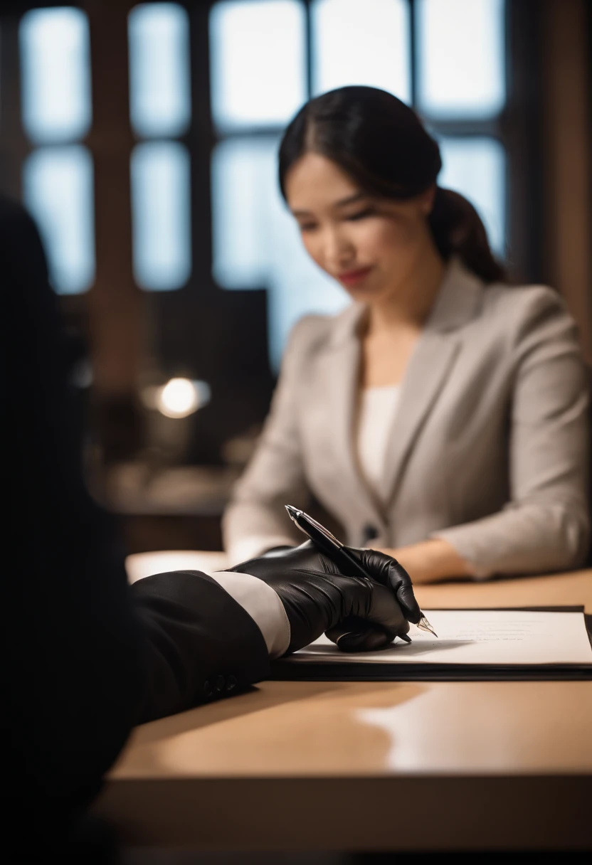 Wearing black leather gloves on both hands, Upper body, Black business suit, Facing a desk in a modern study in the dark, Looking down, Smiling, Use a fountain pen to write a letter, long, Straight black hair, Japan female new employee with young and cute face (Black leather gloves cover both hands)