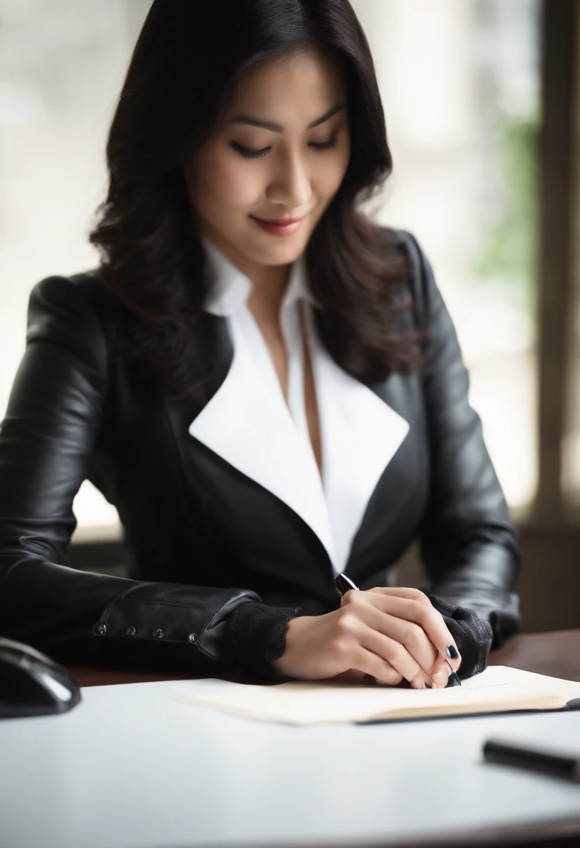 Wearing black leather gloves in both hands, upper body, black business suit, facing the desk in the modern study in the dark, looking down, smiling, writing a letter using a fountain pen, long, straight black hair, young and cute face Japanese female new employee (black leather gloves cover both hands)