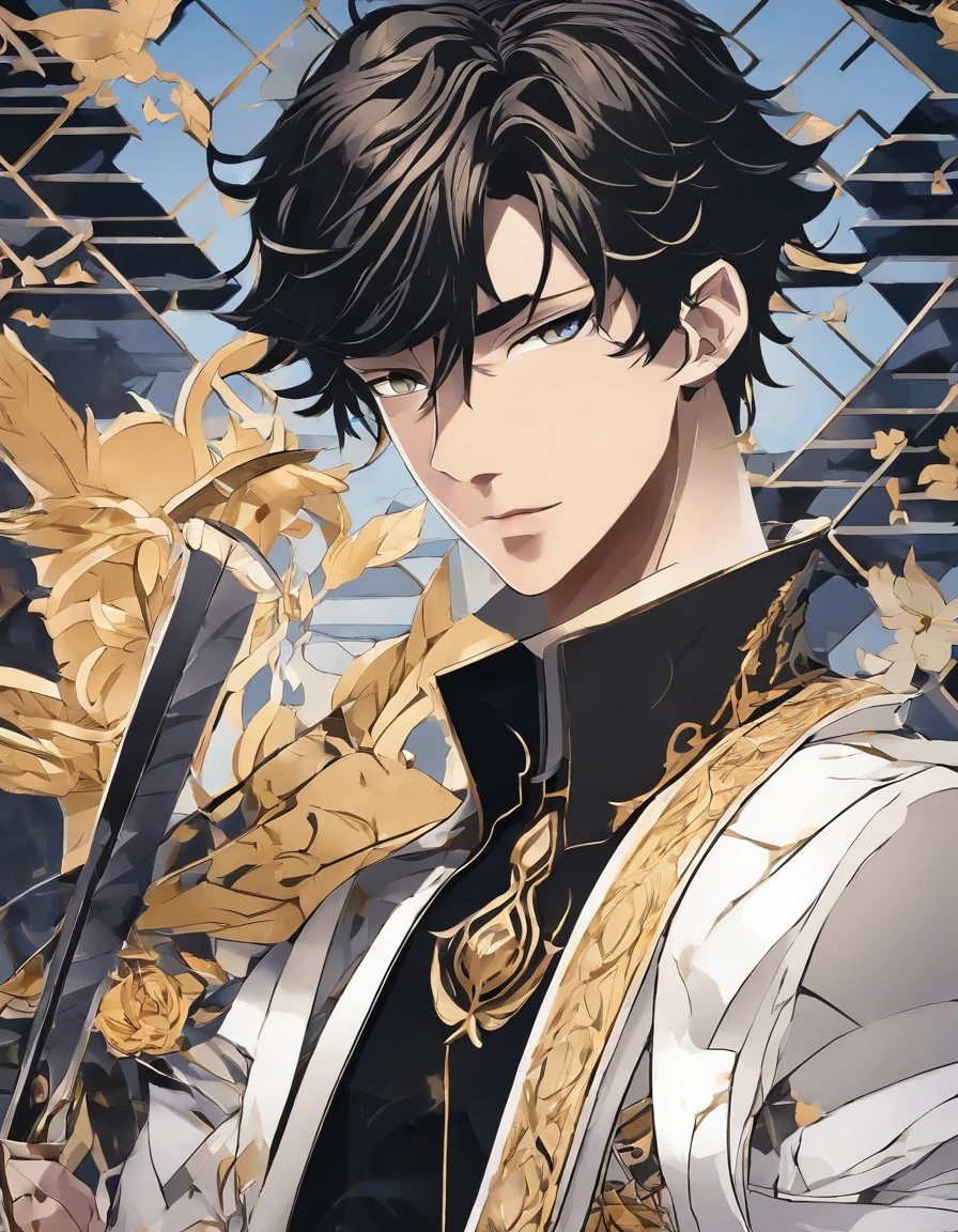 glamour shot of youth swordman, staring intently, grin smile, handsome face, black short hair, golden eyes, colorful, twilight background, anime style, style-swirlmagic, (masterpiece, best quality, high quality, highres, ultra-detailed)