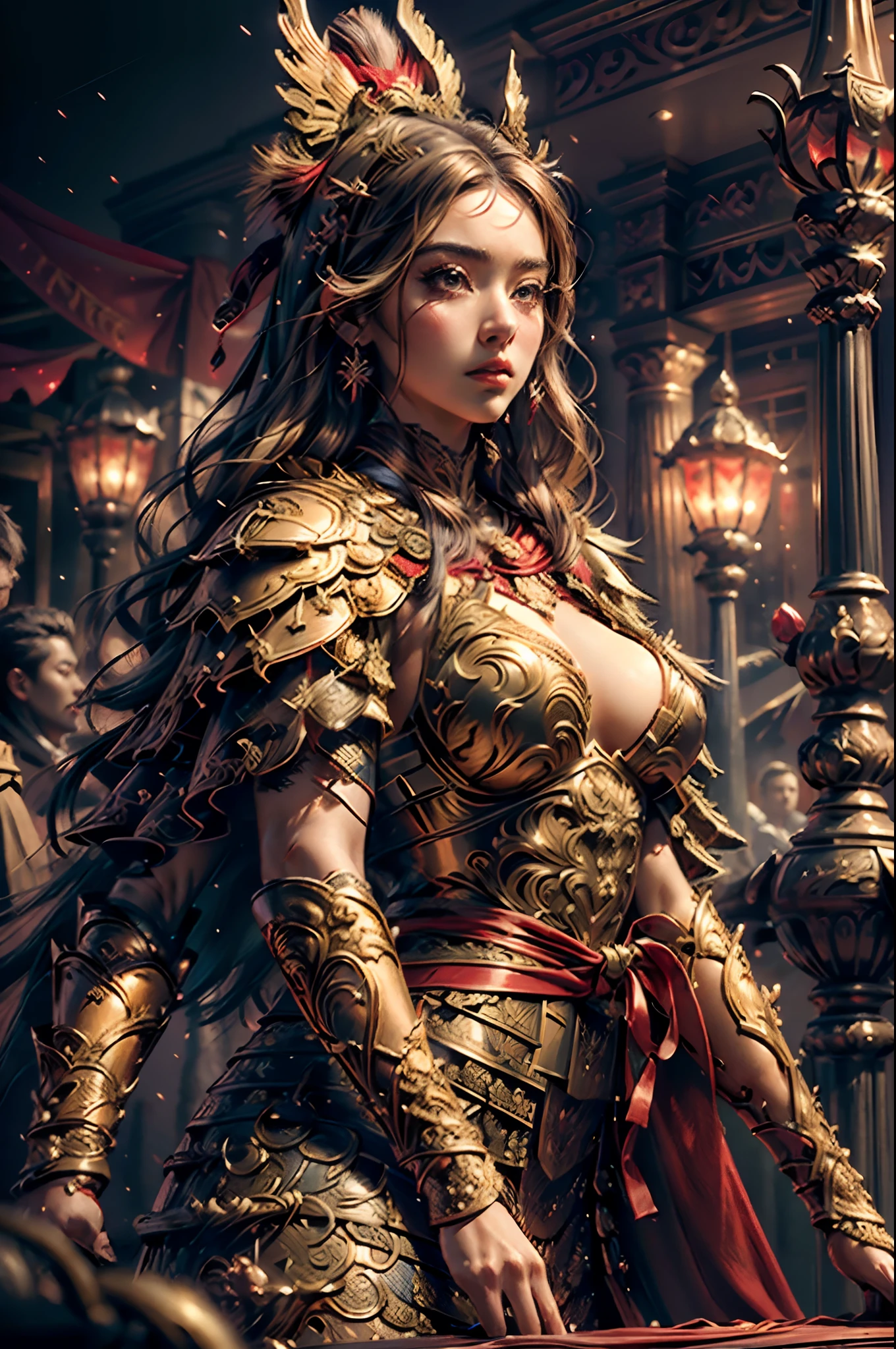 ((masterpiece))), (((best quality))), ((ultra-detailed)), (hyperrealistic), (highly detailed CG illustration), cinematic light, photorealistic ,extremely beautiful young lady, light makeup, big breast, intricate detailed eaba, red cape, spear