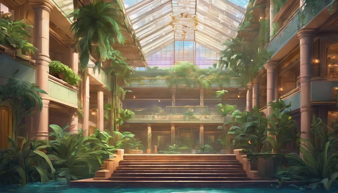 Large fantasy abandoned mall, flooded floor, glass ceiling, upstairs viewpoint with parapet, trees, vines, orchids, bromeliads, palm trees, ornaments, golden, many plants, tropical plants, marble walls, dynamic light, 8K, masterpiece, ultra detailed, beautiful.