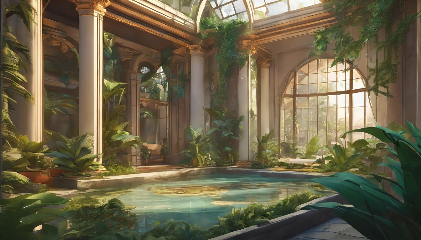Large fantasy abandoned mall, flooded floor, glass ceiling, upstairs viewpoint with parapet, trees, vines, orchids, bromeliads, palm trees, ornaments, golden, many plants, tropical plants, marble walls, dynamic light, 8K, masterpiece, ultra detailed, beautiful.