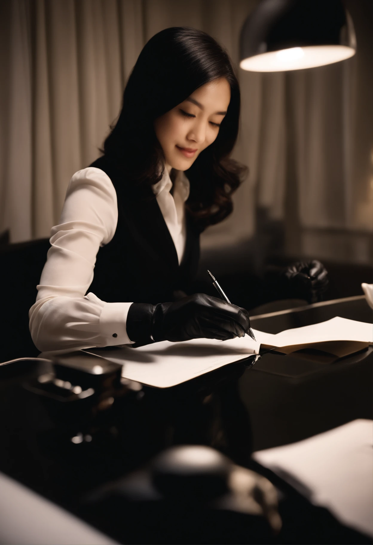 Wearing black leather gloves in both hands, upper body, black business suit, facing the desk in the modern study in the dark, looking down, smiling, writing a letter using a fountain pen, long, straight black hair, young and cute face Japanese female new employee (black leather gloves cover both hands)