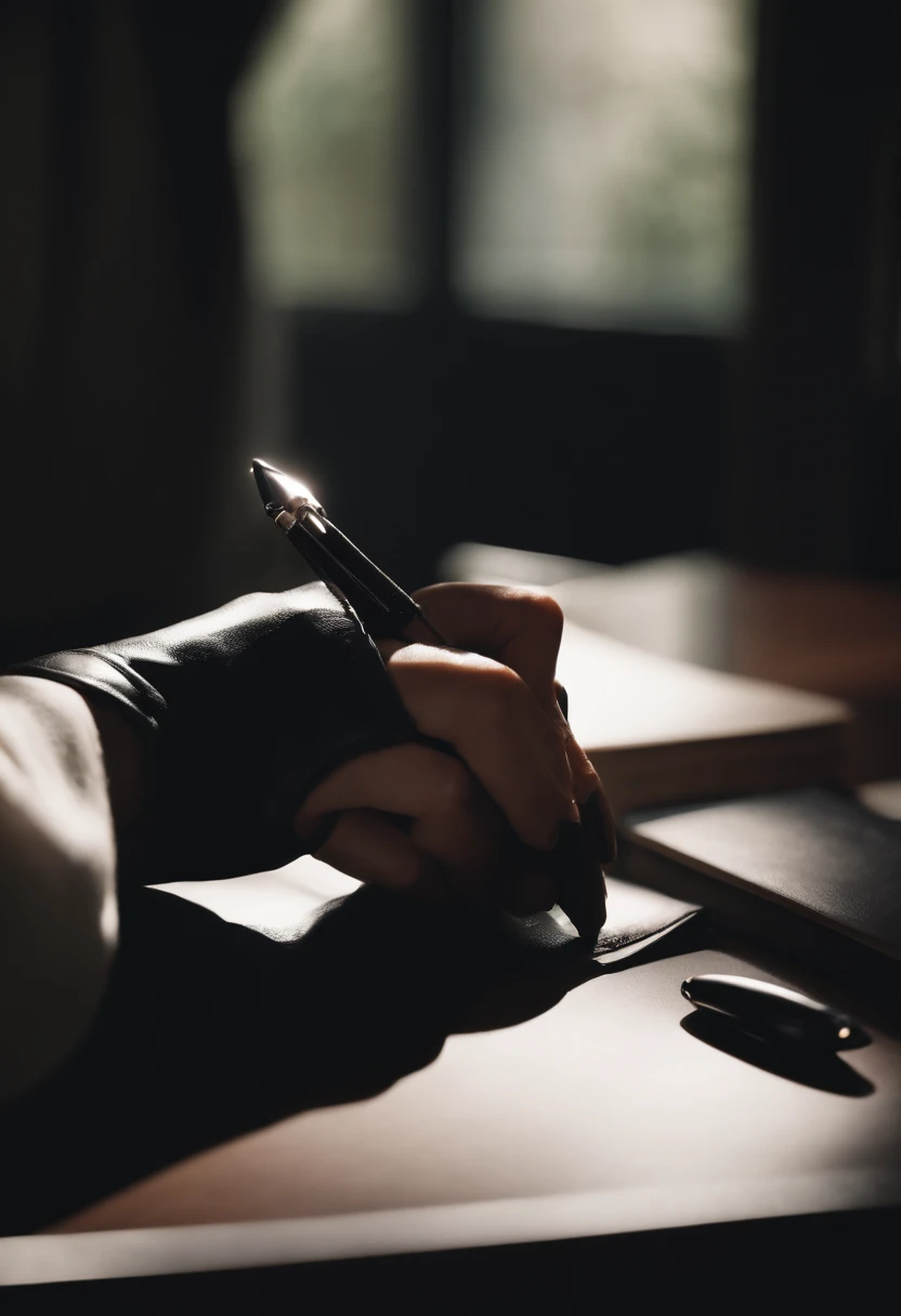Wearing black leather gloves in both hands, upper body, black business suit, facing the desk in the modern study in the dark, looking down, smiling, writing a letter using a fountain pen, long, straight black hair, young and cute face Japanese female new employee (black leather gloves cover both hands)