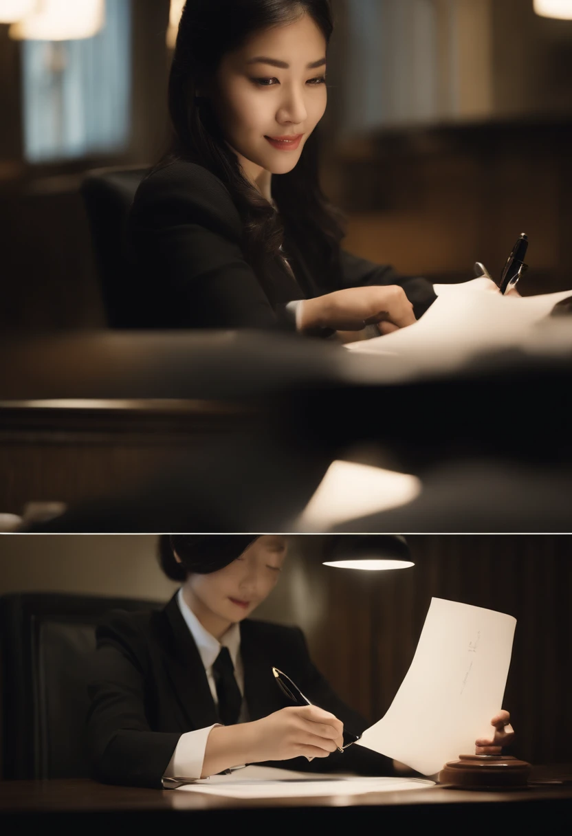 Wearing black leather gloves in both hands, upper body, black business suit, facing the desk in the modern study in the dark, looking down, smiling, writing a letter using a fountain pen, long, straight black hair, young and cute face Japanese female new employee (black leather gloves cover both hands)