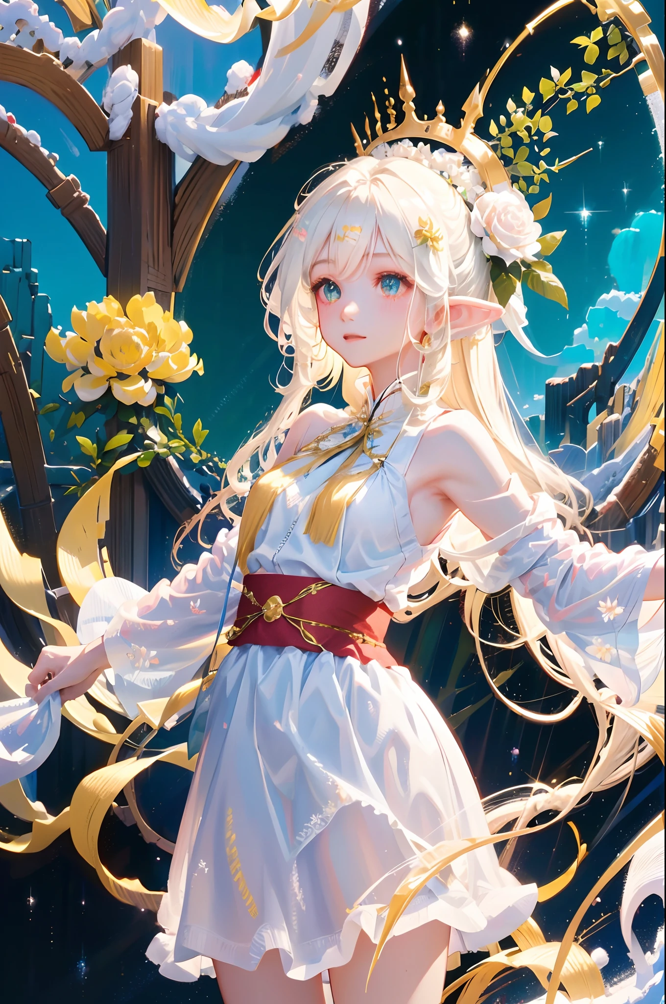 White long hair anime girl wearing white shirt and flower crown, Snow scene，a beautiful anime portrait,tmasterpiece， one-girl， Cloud Girl， Clouds，  Colorful， Transparent body，Sparkling，full bodyesbian，long  skirt，White top，green long skirt，Transparent clothes，Elf wings，Red streamer