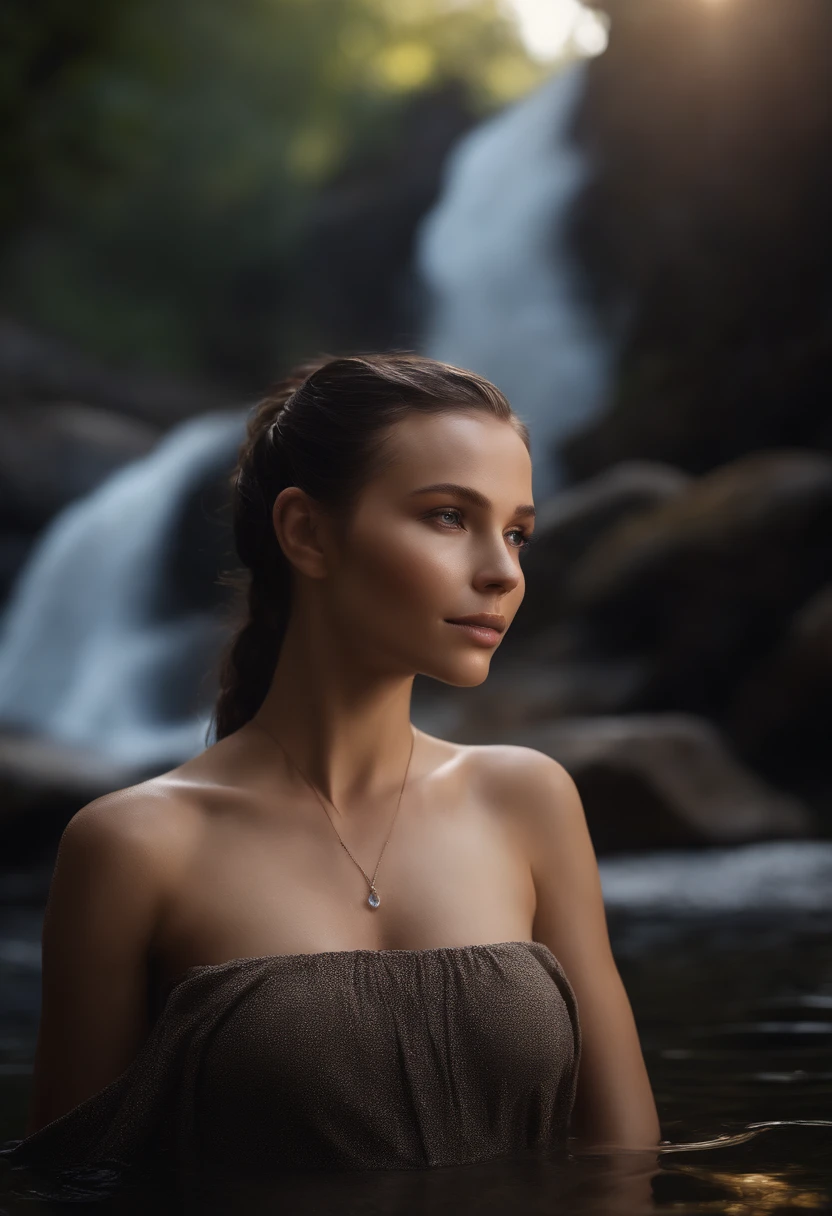 Close-up photo of Daenerya Tuleshova, Small breasts, Bathe near the waterfall, The body is soaked in water, Skinny cheeks, Wet hair, chin up, Seductive face, No bra, Stones, Water, elegant, Water on the body, Realistic pores on the body, Looking Up The Sky，ssmile, Black ponytail hair, (Blue eyes:  0.8), Beautiful adult faces, 40 I, Soft volumetric lamp, (The light from the back window is backlighted: 1.3), (Cinematic: 1.3), Intricate details, (art  stations: 1.