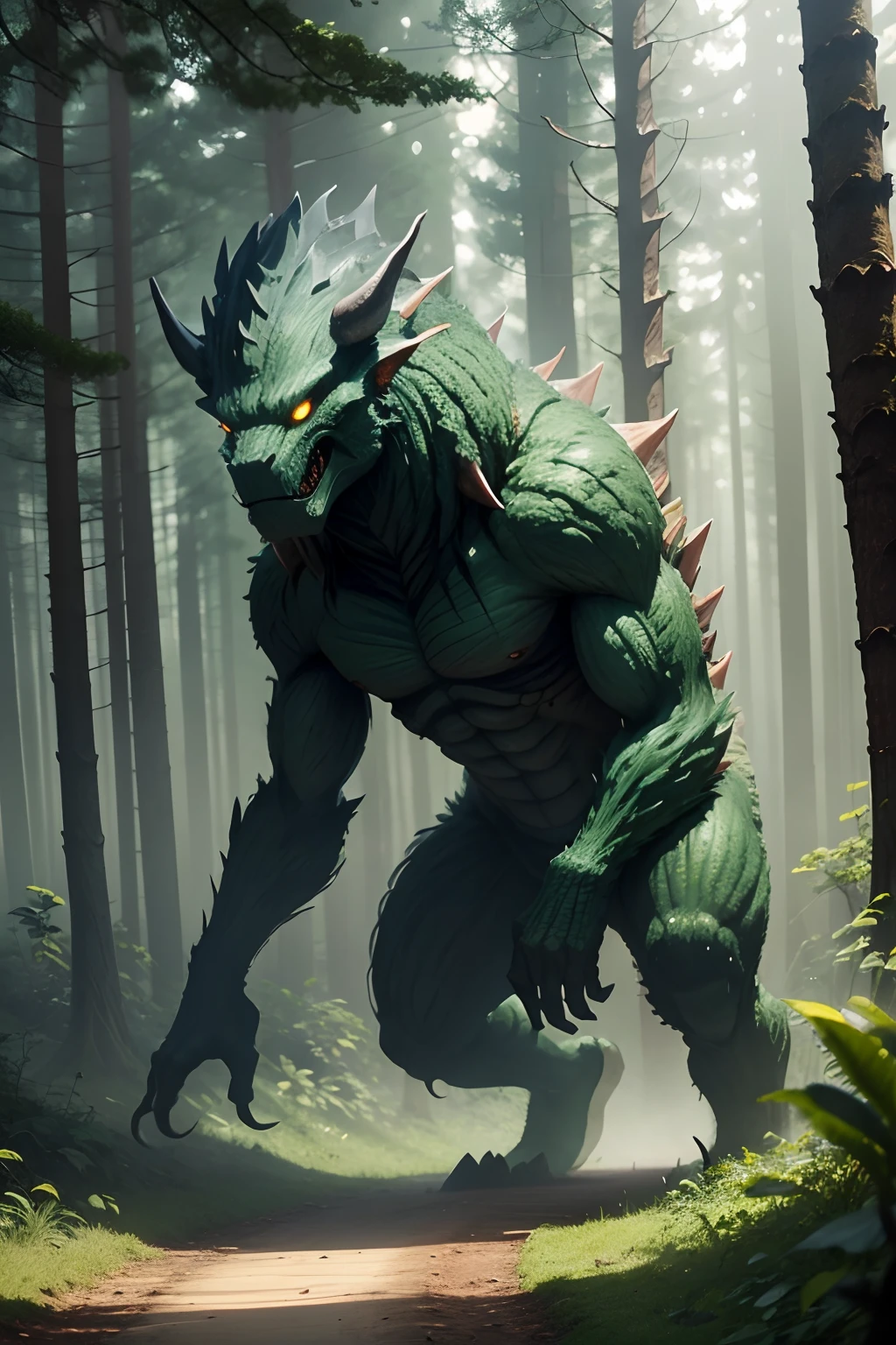 Create a highly detailed digital artwork depicting a massive Kaiju, larger than the forest, positioned with both its hands and legs on the ground as if it is emerging from or stalking through the dense trees. The Kaiju should be designed with a formidable and realistic appearance, showcasing intricate textures such as scales, armor plating, or naturalistic features like fur or spines.
Set the scene in a deep, lush forest with towering trees, rich green foliage, and dappled sunlight filtering through the canopy. In the background, include a range of majestic mountains to emphasize the vastness of the landscape and the colossal size of the Kaiju. The forest should appear dense and vibrant, with a variety of flora to add depth and realism to the scene.
Capture the Kaiju in a dynamic pose, with a sense of movement as it interacts with the environment. Show the ground beneath its massive limbs being disturbed, with trees bending or breaking under its weight. The scene should highlight the contrast between the natural beauty of the forest and the imposing presence of the Kaiju.
Emphasize the fine details of the Kaiju, the intricate textures of the forest, and the dramatic lighting effects created by the sunlight filtering through the trees. The overall composition should focus on the scale and impact of the Kaiju within the natural setting, creating a sense of awe and tension.undefined, undefined, undefined, undefined, undefined, undefined, undefined, undefined, undefined, undefined, undefined, undefined, undefined, undefined, undefined,