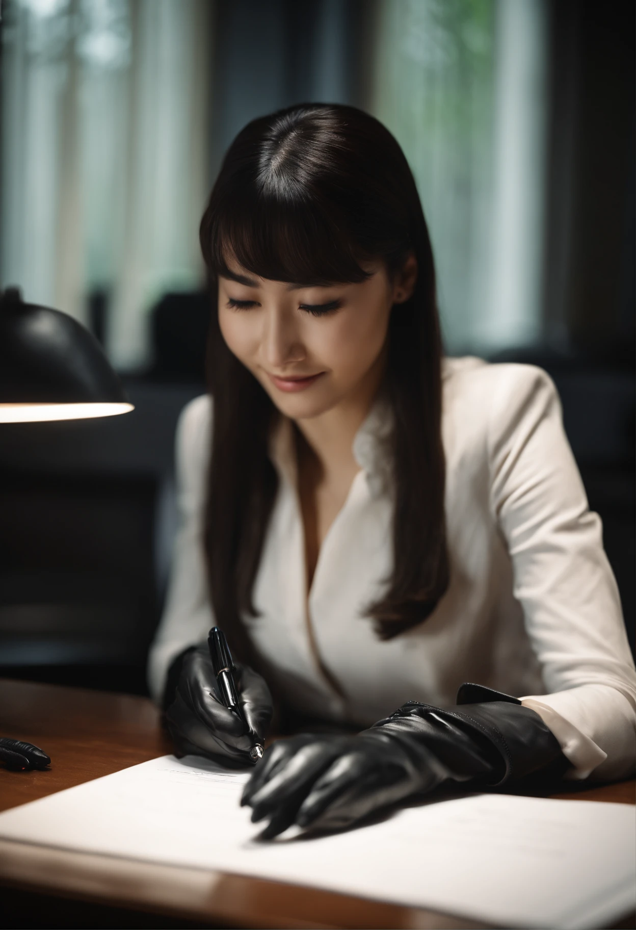 Wearing black leather gloves in both hands, upper body, black business suit, facing the desk in the modern study in the dark, looking down, smiling, writing a letter using a fountain pen, long, straight black hair, young and cute face Japanese female new employee (black leather gloves cover both hands)