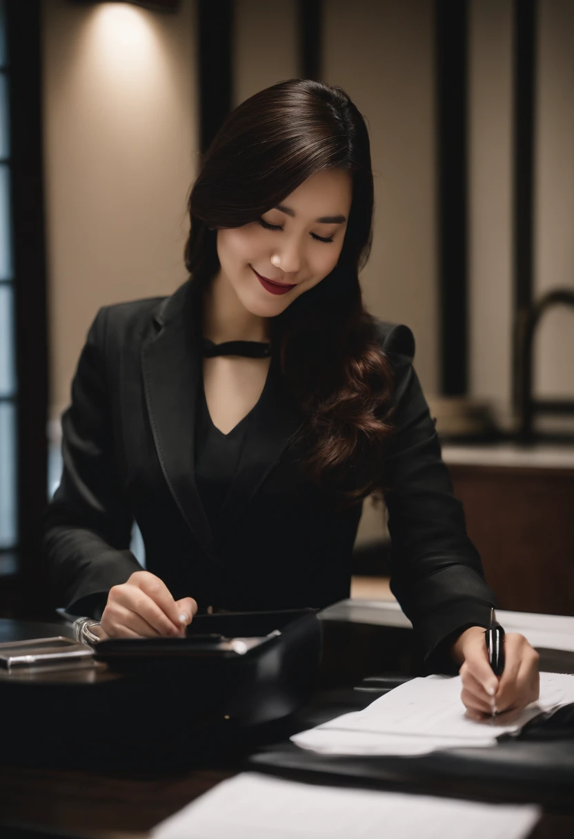 Wearing black leather gloves in both hands, upper body, black business suit, facing the desk in the modern study in the dark, looking down, smiling, writing a letter using a fountain pen, long, straight black hair, young and cute face Japanese female new employee (black leather gloves cover both hands)