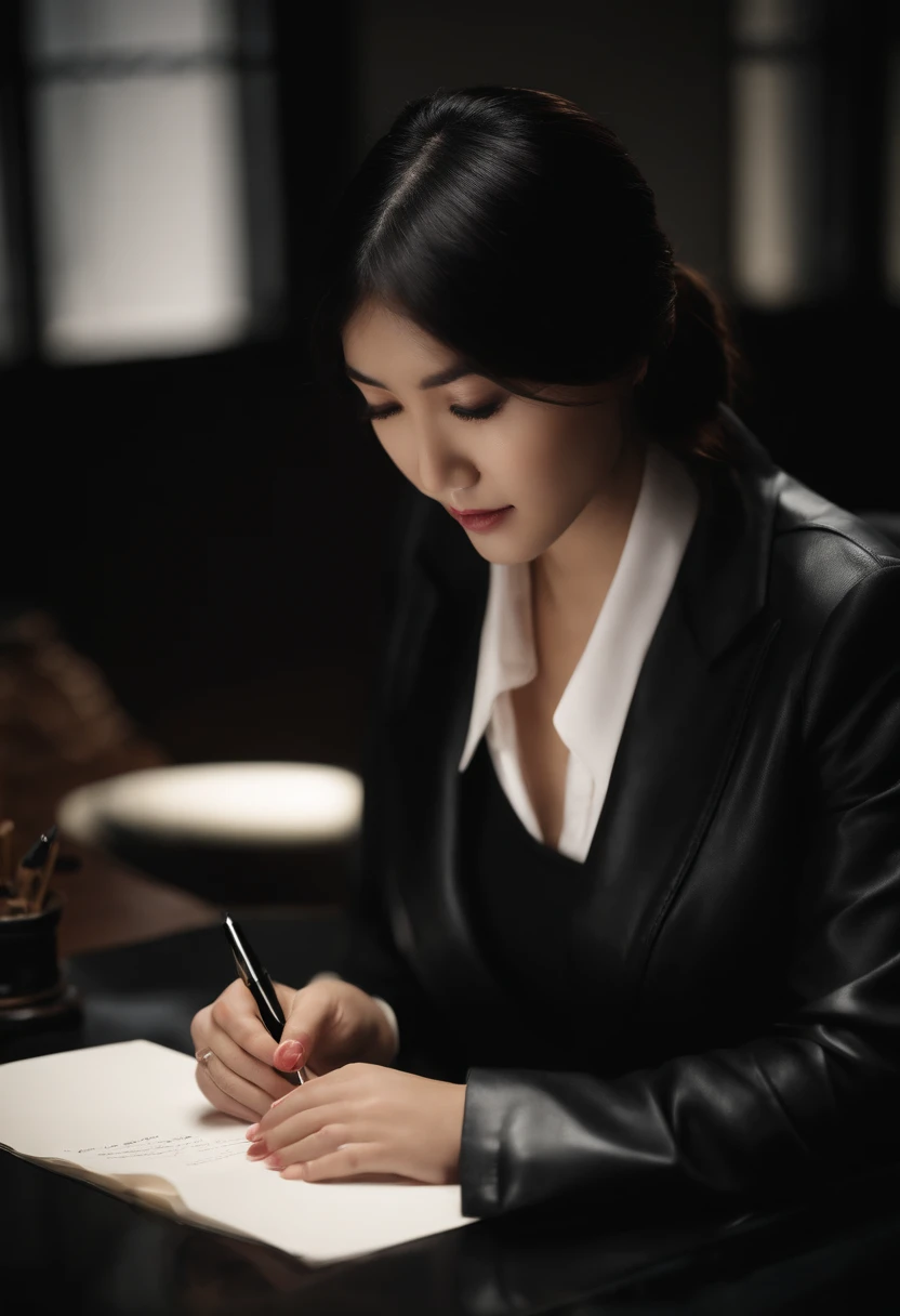 Wearing black leather gloves in both hands, upper body, black business suit, facing the desk in the modern study in the dark, looking down, smiling, writing a letter using a fountain pen, long, straight black hair, young and cute face Japanese female new employee (black leather gloves cover both hands)