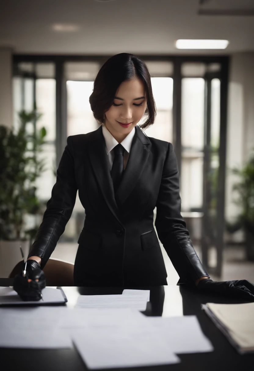 Wearing black leather gloves in both hands, upper body, black business suit, facing the desk in the modern study in the dark, looking down, smiling, writing a letter using a fountain pen, long, straight black hair, young and cute face Japanese female new employee (black leather gloves cover both hands)