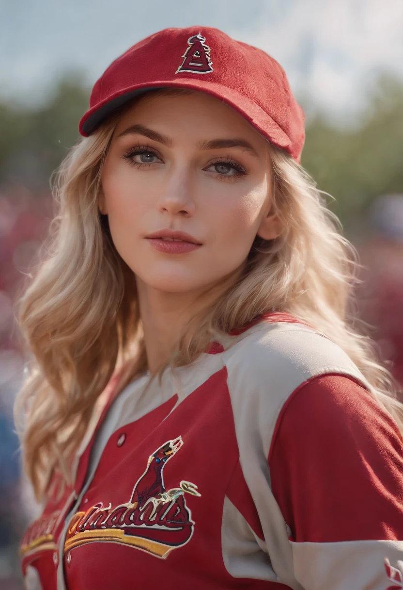 Teddi Mansueto, full body potrait of a photorealistic beautiful woman, (spectating a baseball game:1.5), hands in pockets:1.25, staring at camera in front, intense coloration fantasy, light hair, a stunning realistic photograph 20 years , random colored hair, (St Louis Cardinals fan fashion:1.3), random color eyes, full body, cover, hyperdetailed painting, luminism, octane render, Bar lighting, complex, 8k resolution concept art portrait by Martina Fačková and Prywinko Art, Artgerm, WLOP, Alphonse Mucha, Tony Taka, fractal isometrics details bioluminescence, hypereallistic cover photo awesome full color, hand drawn, bright, gritty, realistic, davinci, erte .12k, intricate. hit definition , cinematic,Rough sketch, mix of bold dark lines and loose lines, bold lines, on paper , real life human