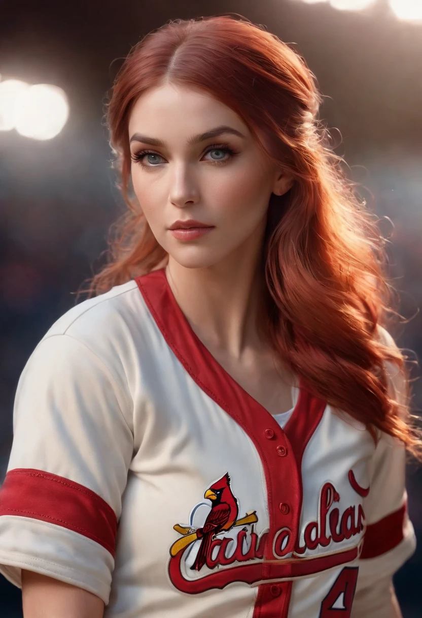 Teddi Mansueto, full body potrait of a photorealistic beautiful woman, (spectating a baseball game:1.5), hands in pockets:1.25, staring at camera in front, intense coloration fantasy, light hair, a stunning realistic photograph 20 years , random colored hair, (St Louis Cardinals fan fashion:1.3), random color eyes, full body, cover, hyperdetailed painting, luminism, octane render, Bar lighting, complex, 8k resolution concept art portrait by Martina Fačková and Prywinko Art, Artgerm, WLOP, Alphonse Mucha, Tony Taka, fractal isometrics details bioluminescence, hypereallistic cover photo awesome full color, hand drawn, bright, gritty, realistic, davinci, erte .12k, intricate. hit definition , cinematic,Rough sketch, mix of bold dark lines and loose lines, bold lines, on paper , real life human