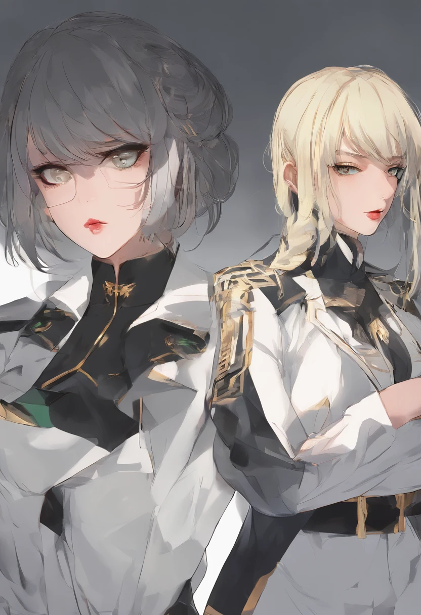 She is a young woman with white skin and dark green eyes. She has short golden hair and red lips. Sly look, frown, Around her left eye is black eyeshadow. She wears a black suit and Her right eye is hidden by a black eyepatch.  Digital Art, very detailed, artwork, high resolution, portrait, character, digital painting, digital illustration, extreme detail, digital art, 4k, Ultra, hd, hyper realism, sharp image