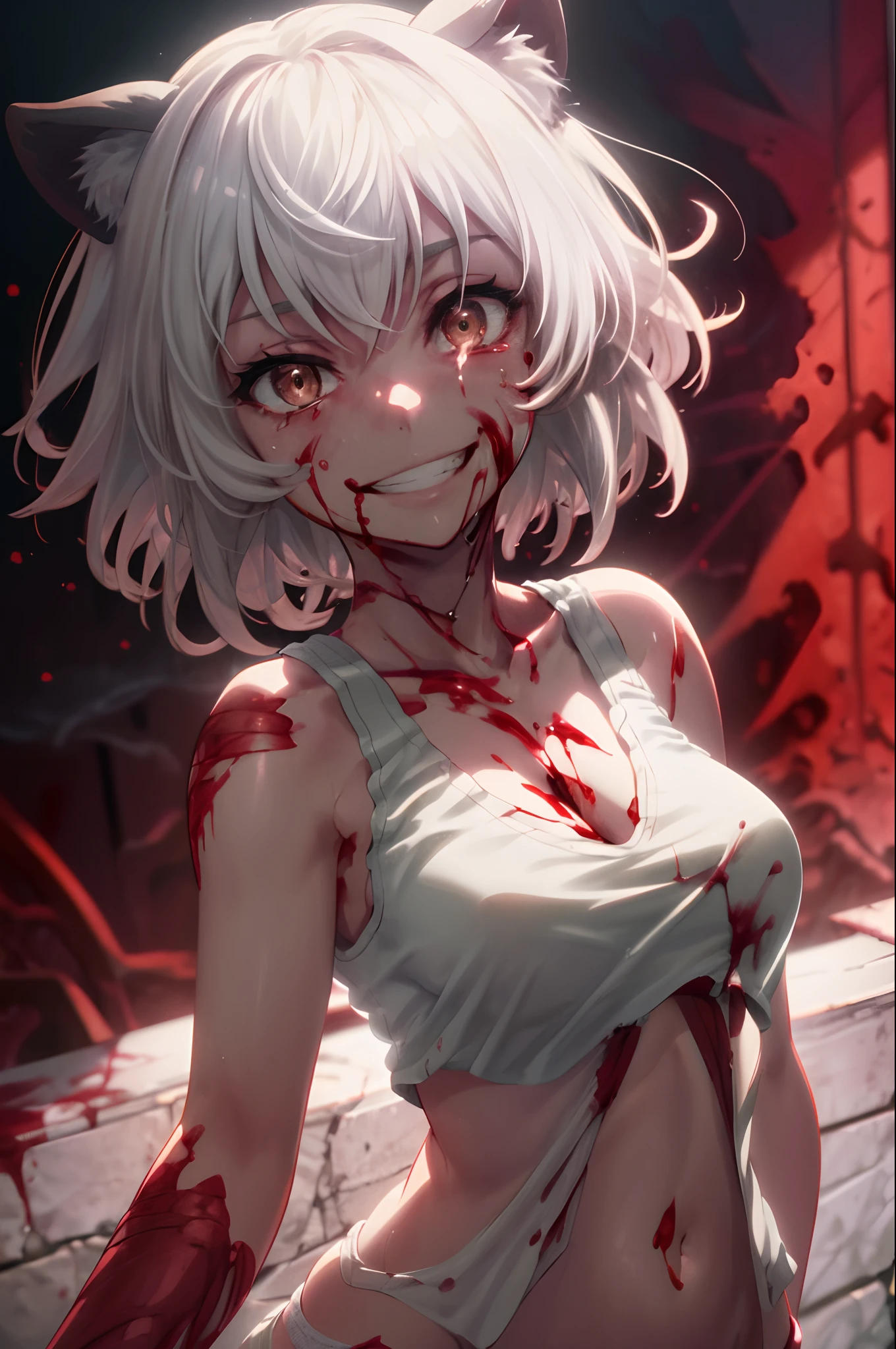 masterpiece, best quality, highres, 1girl, solo, animal ears, white hair, short hair, brown eyes, tail, medium breasts, navel, white panties, tank top, cleavage, (((upper body))), standing, grin, ((blood on face)), blood on hand, murderer,  close-up, perfect anatomy, ((balanced lighting))