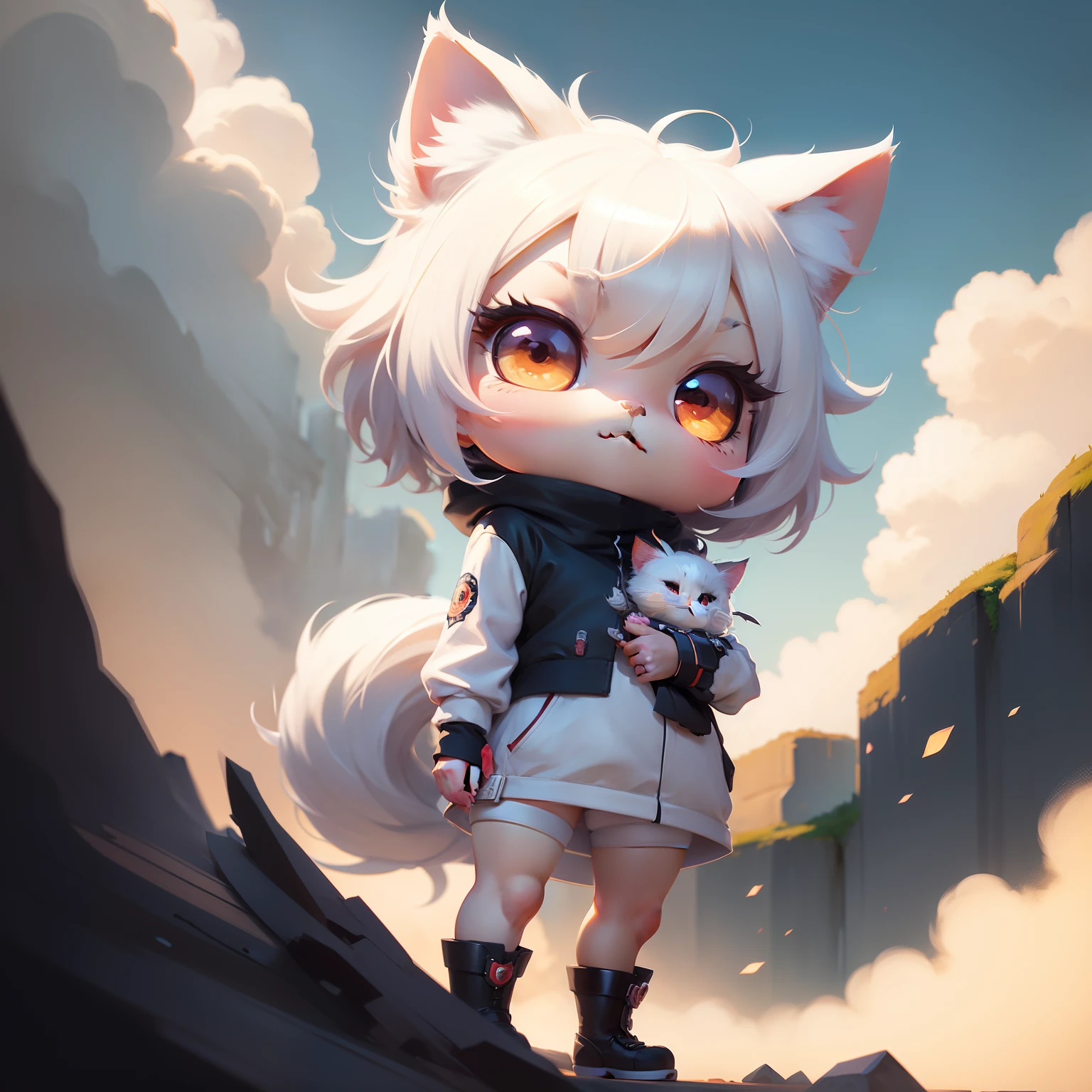 Cartoon chibi cat in jersey, Hair white,cute detailed digital art, Adorable Digital Painting, Cute digital art, teemo, Advanced Digital Chibi Art, epic digital art illustration, by Shitao, artwork in the style of guweiz, Anthropomorphic Chibi Cat, Jason Chan, fanart best artstation, Fursona in a jersey