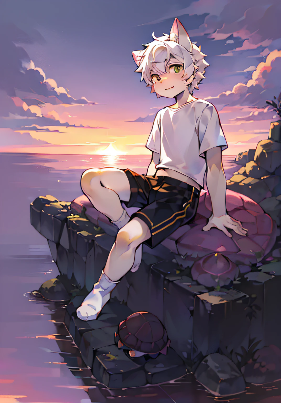 (A turtle)，Libido boy，cat ear，sitting on the stone，((Shota)),Yellow-white hair, Very good figure, Handsome，adolable, Light：Extreme light and shadow, Reflective skin,White short-sleeved T-shirt， ((Wear white socks))，Black  shorts，((Under the pink sunset))，Outdoor sunset，Purple clouds