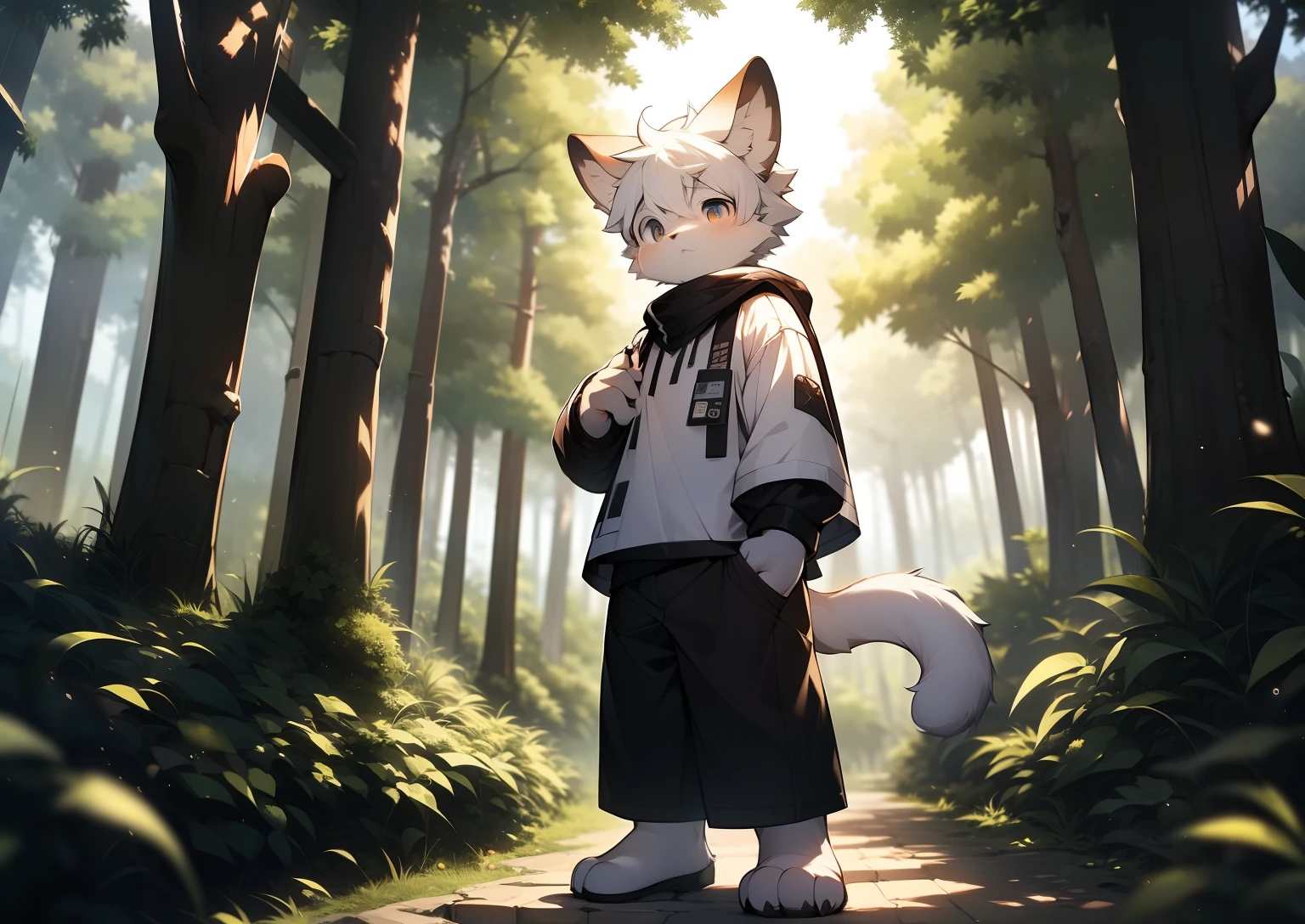 Libido boy，Furry cat，((Shota)), Black and white hair, Very good figure, Handsome，adolable, Light：Extreme light and shadow, Reflective skin,Reddish skin，((worn-out clothing，Commoner)) ，((Deep in the forest，Stone path，Signs，独奏，solo person))，Outdoor sunset，((the detail))，（depth of fields），standing on your feet
