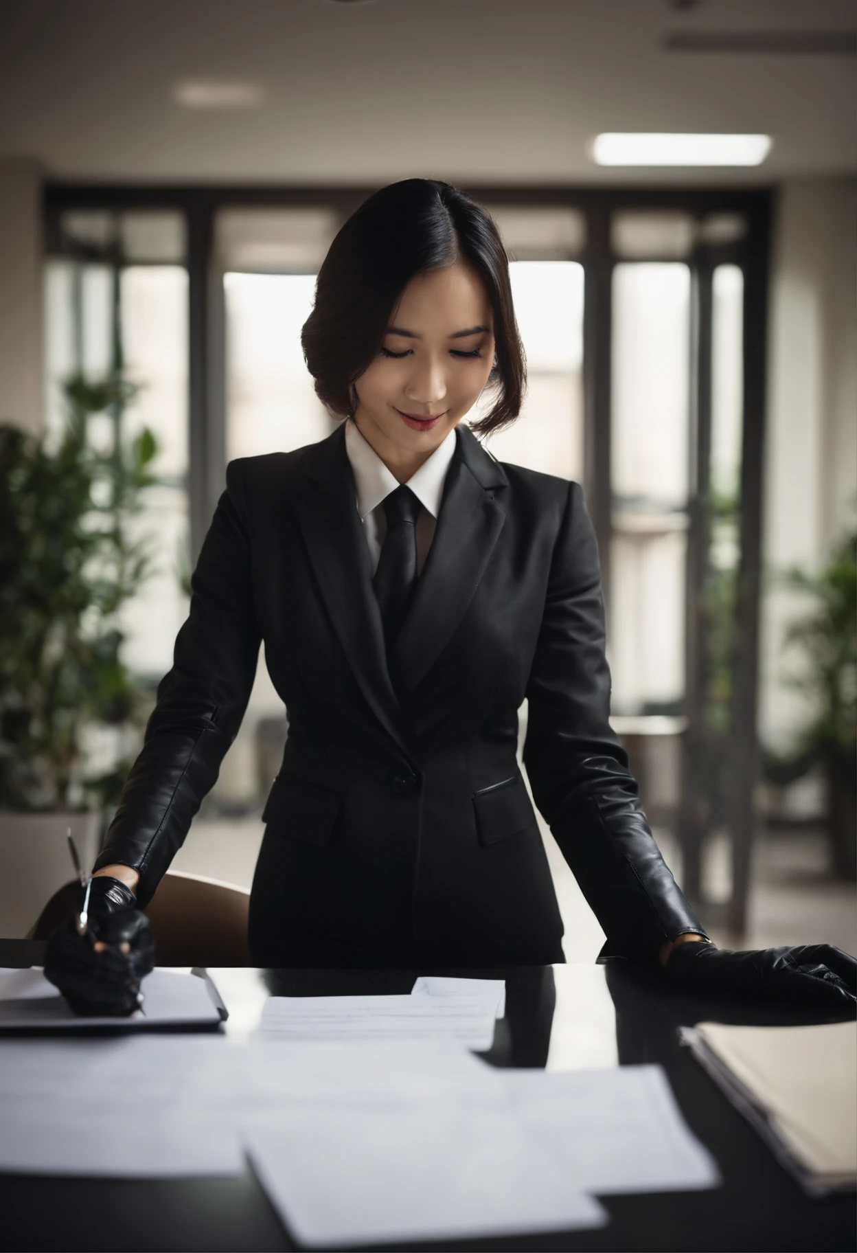Wearing black leather gloves in both hands, upper body, black business suit, facing the desk in the modern study in the dark, looking down, smiling, writing a letter using a fountain pen, long, straight black hair, young and cute face Japanese female new employee (black leather gloves cover both hands)