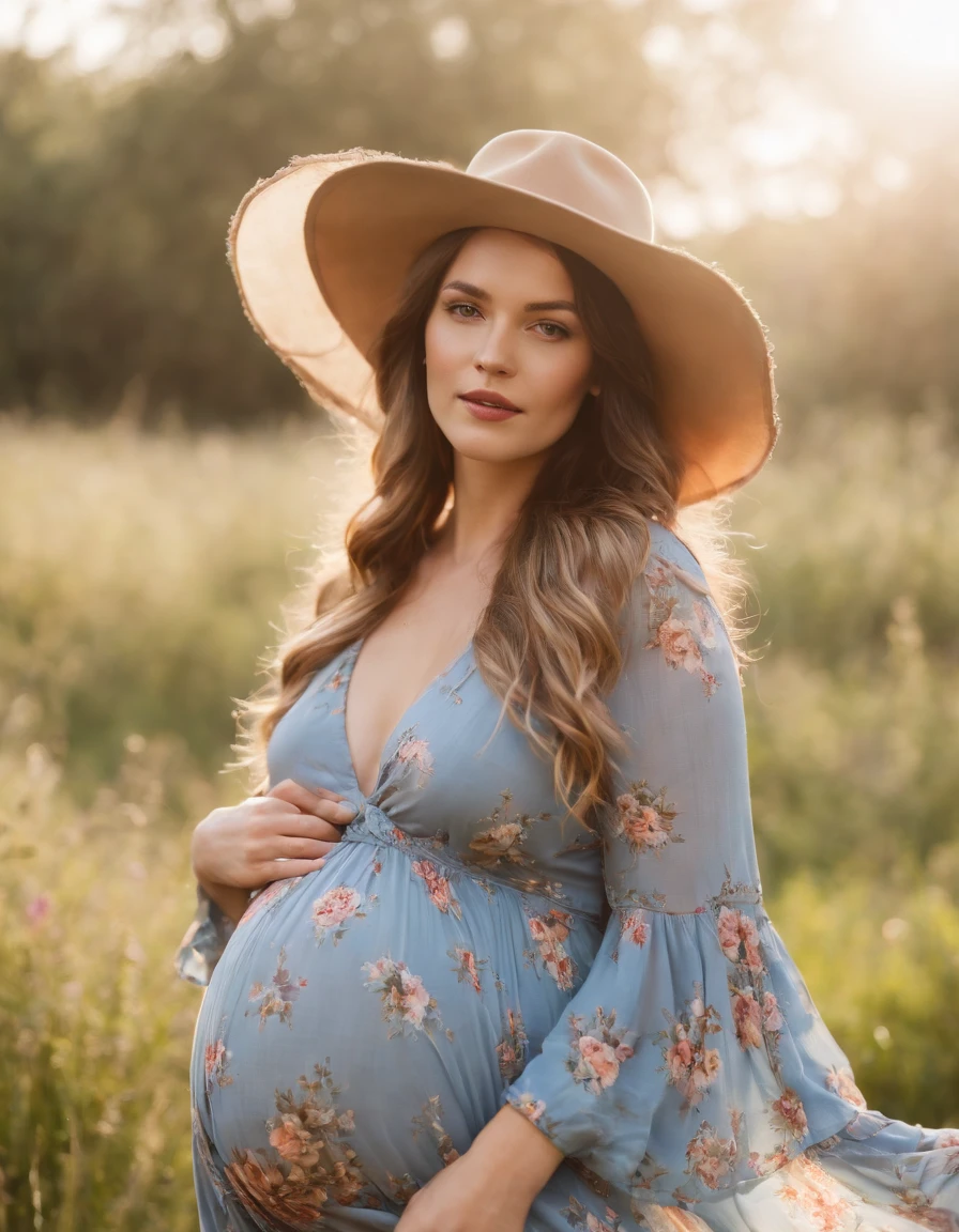 an up close photo of a pregnant woman dressed in bohemian-inspired fashion, wearing a flowy maxi dress with floral prints, layered with a denim jacket and accessorized with a floppy hat and vintage accessories. Her hair is styled in loose waves or natural curls. The setting is a sunlit park or meadow, with long grass and wildflowers,