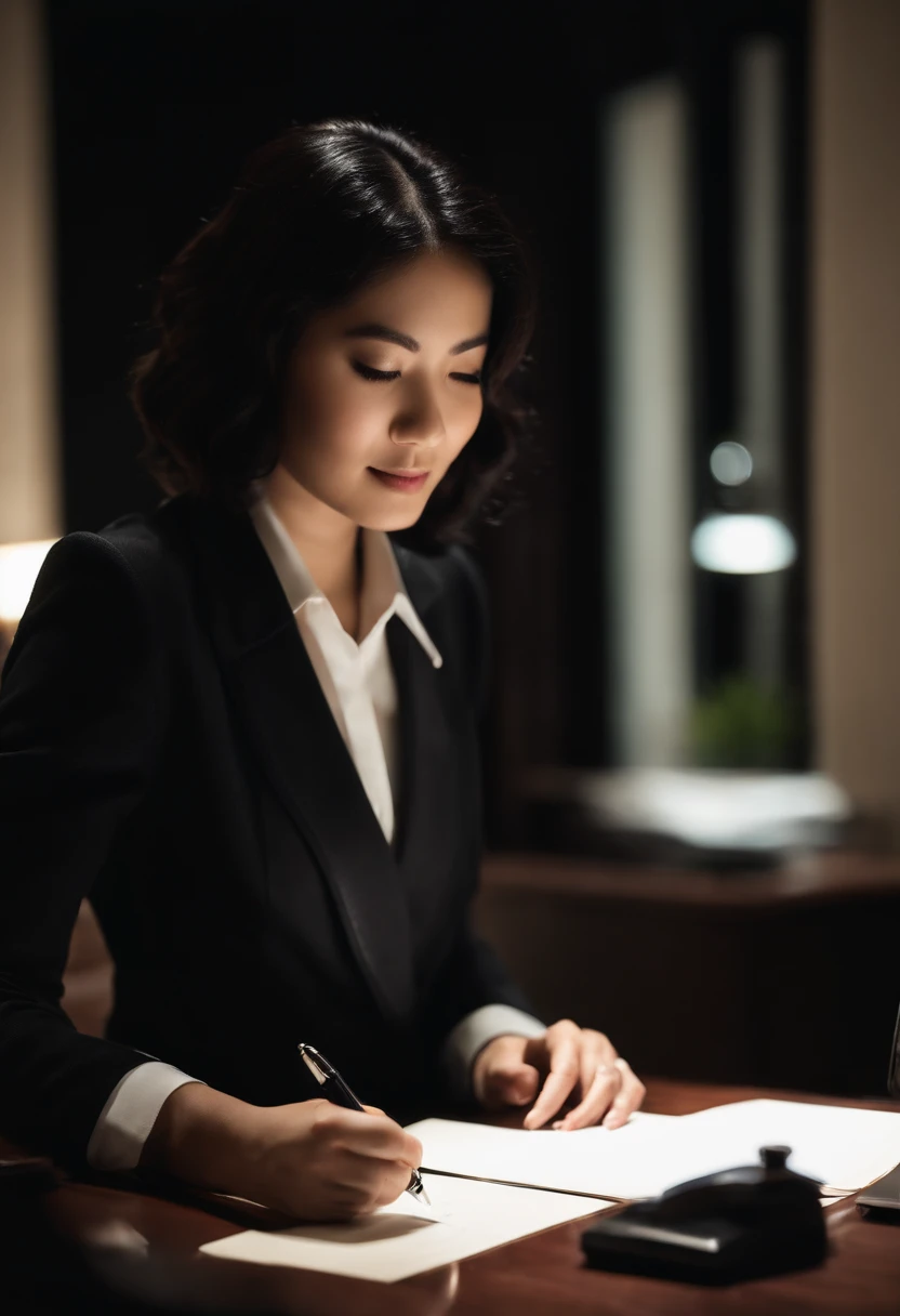 Wearing black leather gloves in both hands, upper body, black business suit, facing the desk in the modern study in the dark, looking down, smiling, writing a letter using a fountain pen, long, straight black hair, young and cute face Japanese female new employee (black leather gloves cover both hands)