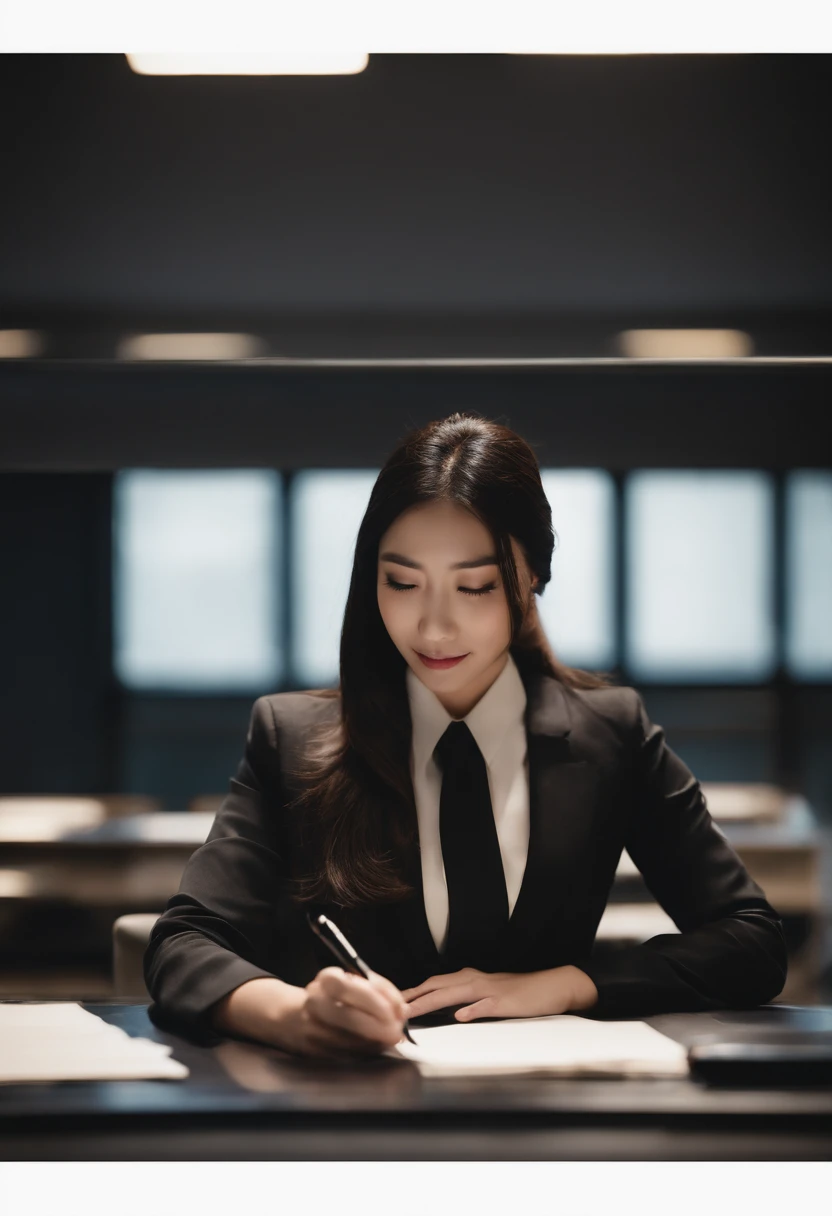 Wearing black leather gloves in both hands, upper body, black business suit, facing the desk in the modern study in the dark, looking down and smiling, writing a letter using a fountain pen, long, straight black hair, young Japanese woman (black leather gloves cover both hands)