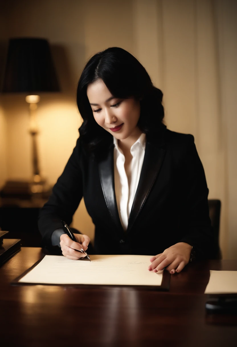 Wearing black leather gloves in both hands, upper body, black business suit, facing the desk in the modern study in the dark, looking down, smiling, writing a letter using a fountain pen, long, straight black hair, young and cute face Japanese female new employee (black leather gloves cover both hands)