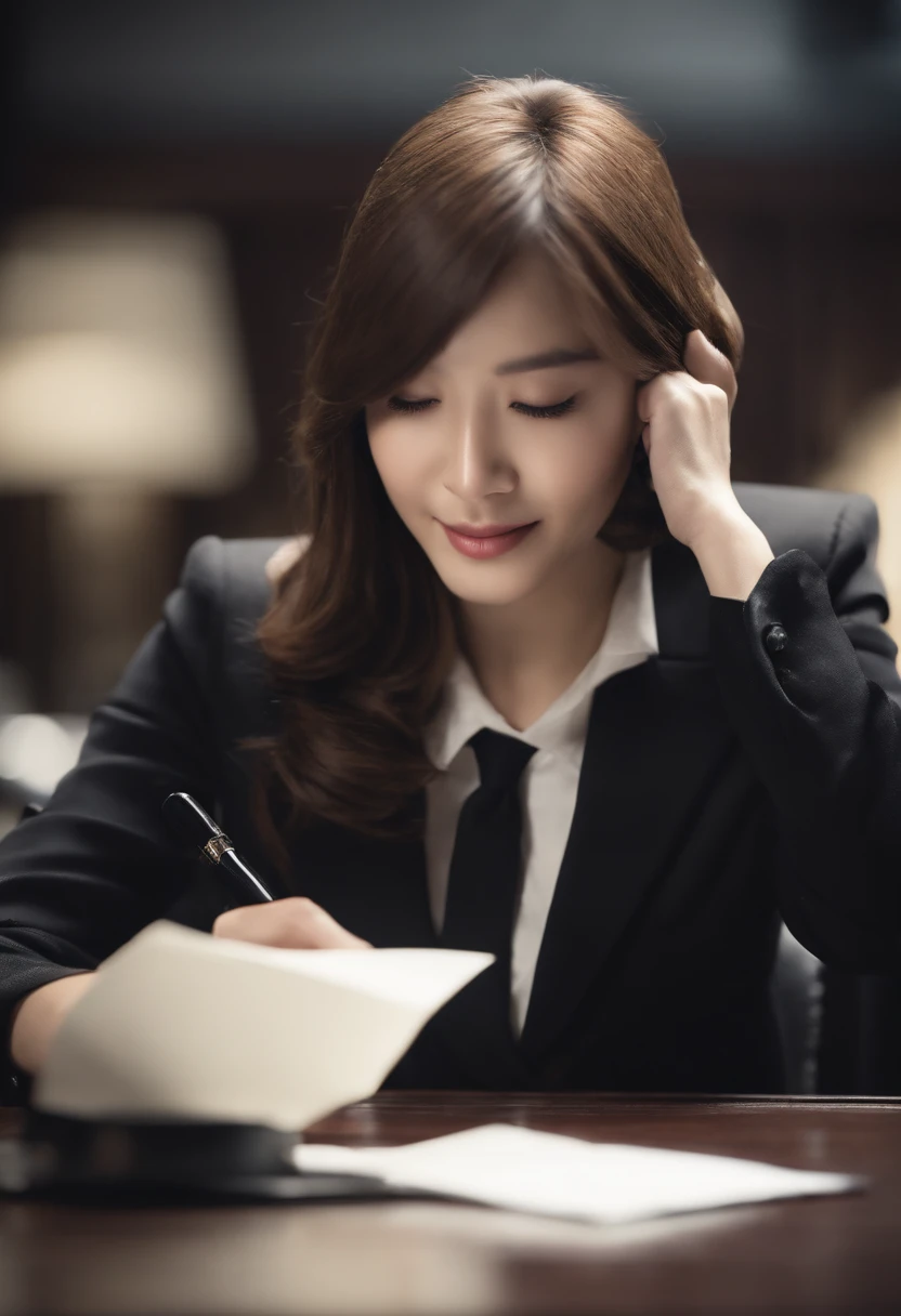 Wearing black leather gloves in both hands, upper body, black business suit, facing the desk in the modern study in the dark, looking down, smiling, writing a letter using a fountain pen, long, straight black hair, young and cute face Japanese female new employee (black leather gloves cover both hands)