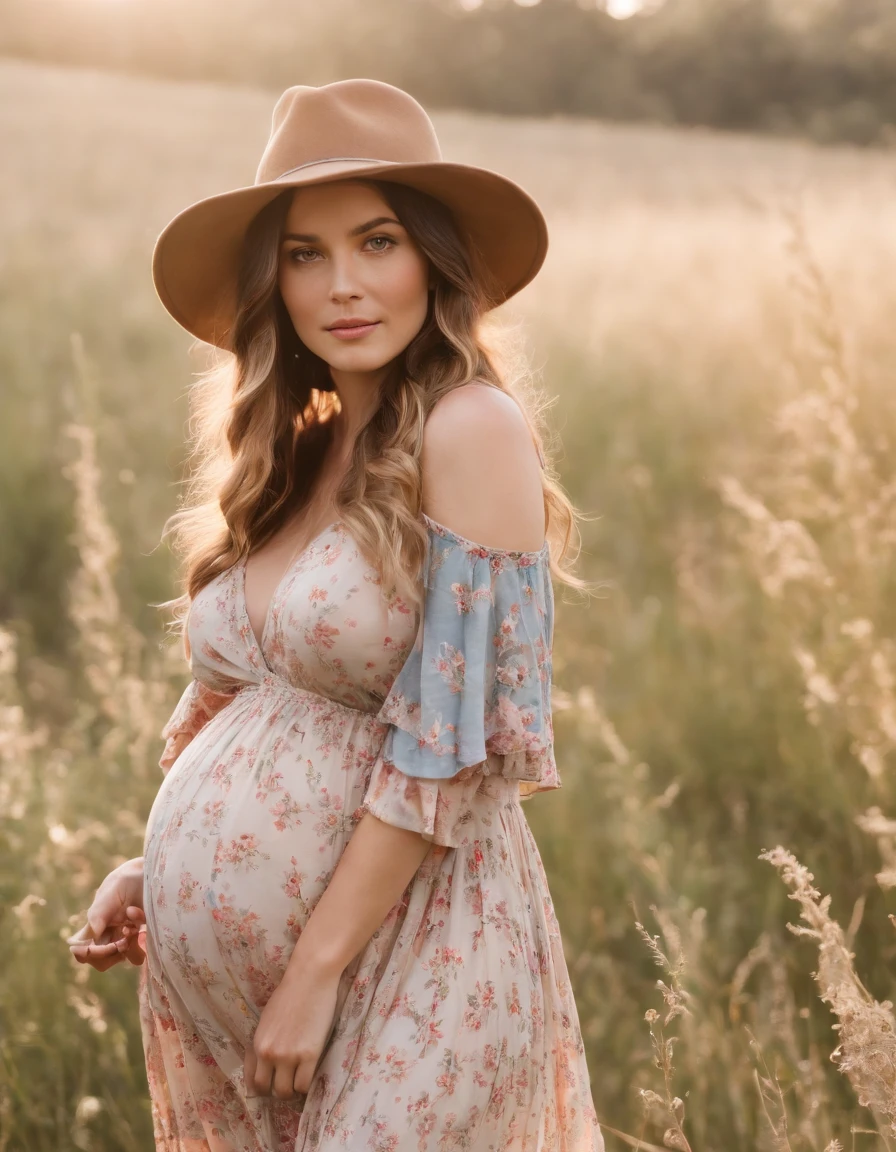 an up close photo of a pregnant woman dressed in bohemian-inspired fashion, wearing a flowy maxi dress with floral prints, layered with a denim jacket and accessorized with a floppy hat and vintage accessories. Her hair is styled in loose waves or natural curls. The setting is a sunlit park or meadow, with long grass and wildflowers,