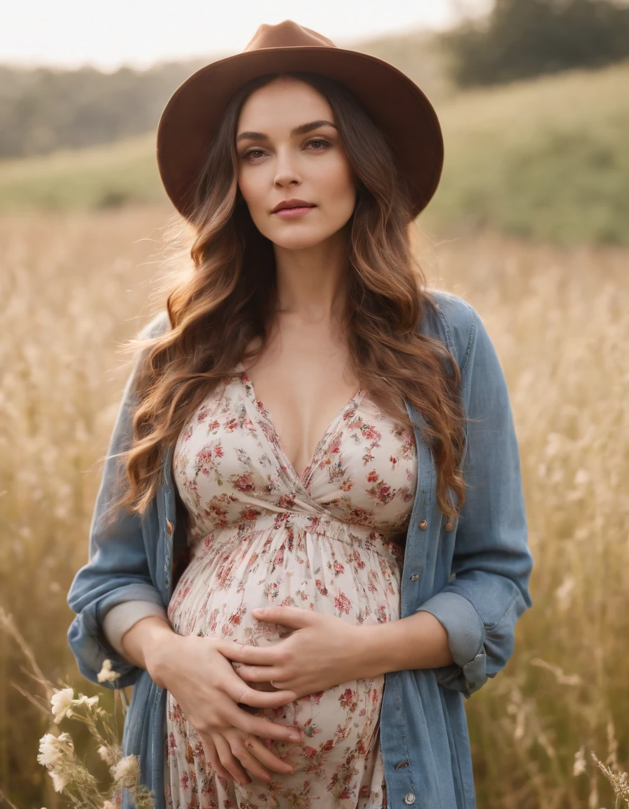an up close photo of a pregnant woman dressed in bohemian-inspired fashion, wearing a flowy maxi dress with floral prints, layered with a denim jacket and accessorized with a floppy hat and vintage accessories. Her hair is styled in loose waves or natural curls. The setting is a sunlit park or meadow, with long grass and wildflowers,