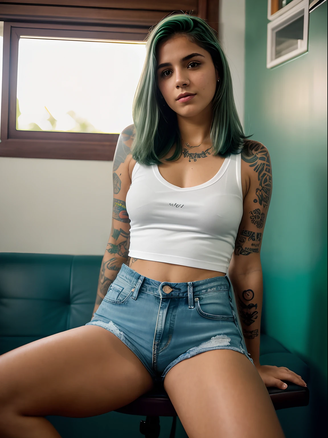 (uma garota de 18 anos, selfie de corpo inteiro,decote, mostrando os peitos, com cabelo verde, tattoo on upper arm, Professional Color Grading, clean sharp focus, cinematic movie photograph, sexy, camisa aberta, shorts jeans muito curtos) pose:sit