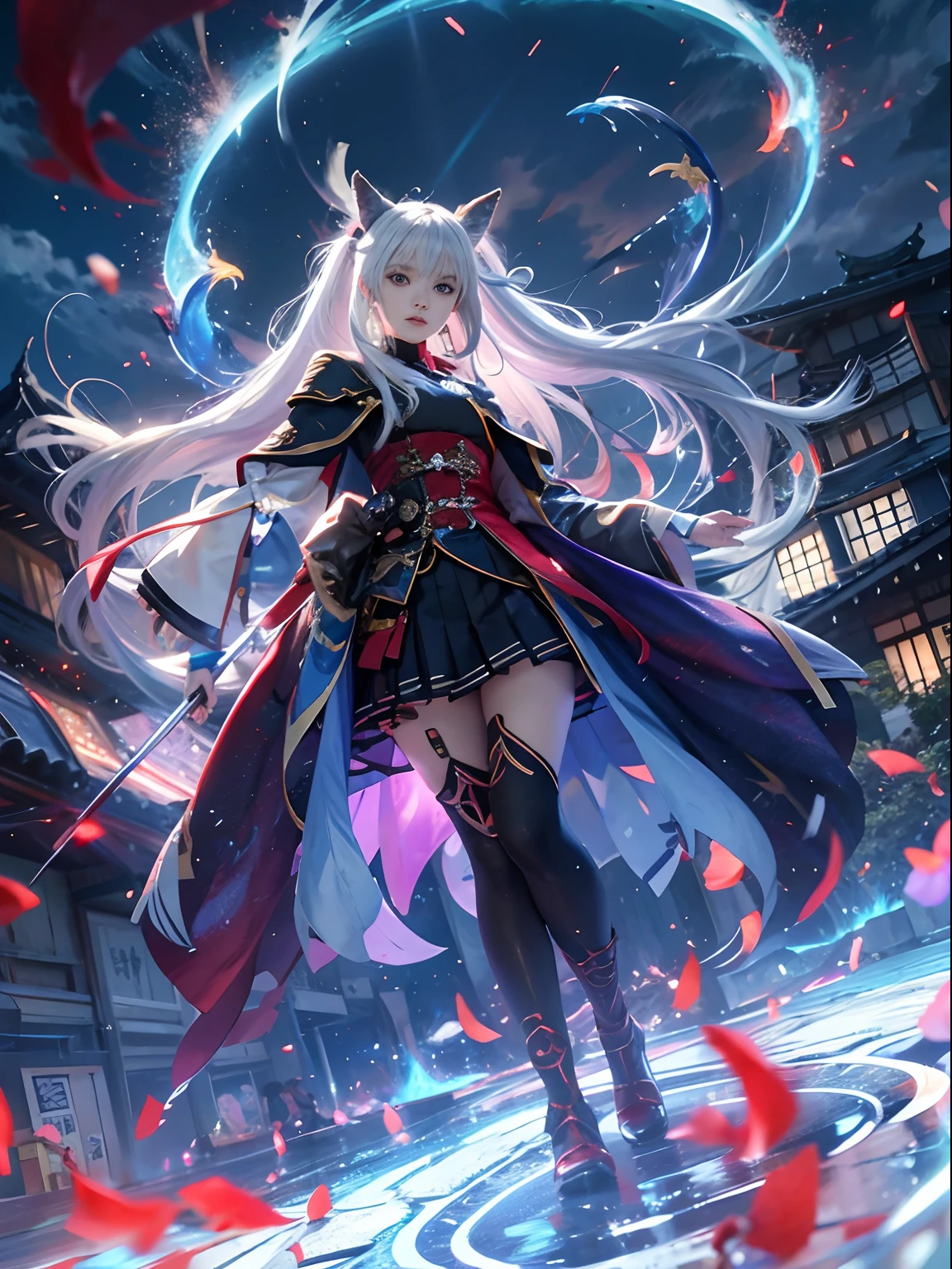 1girll, Japanese clothes, pony tails ,White hair, Purple eyes, Magical Circle, bluefire, Blue Flame, the wallpaper, landscape, Blood, blood spatter, Depth of field, Night, Light particles, Light rays, side-lighting, Thighs, fate \(Series\), Genshin Impact, ****, Open jacket, Skirt, upper legs, Cloud，blackstockings