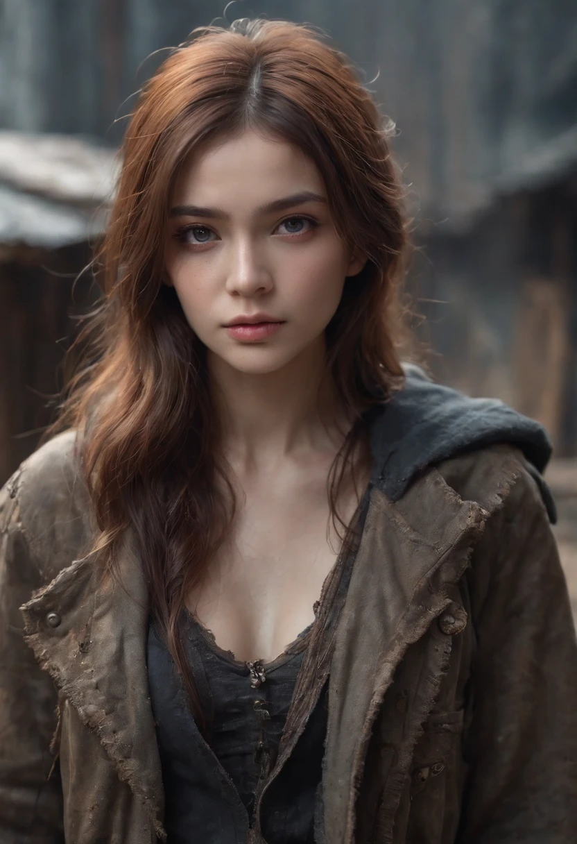 A breathtakingly beautiful girl, radiant and captivating eyes, cold and intense, long flowing hair, sweaty body, (Post-apocalyptic Punk cloak, short shorts, boot, mechanical equipment), Ultra photo realsisim, Realistic, best quality real texture skin, film atmosphere, Tattered clothes, (Post-apocalyptic Punk, Post-apocalyptic Fiction), a post-apocalyptic world with collapsing buildings, (bloodstains), art by Kurahashi Rei, haunting and solemn, a beam of light shines through, illuminating the somber surroundings, (Best quality, masterpiece, depth of field, Full HD, 4K, richness of detail), Portrait style