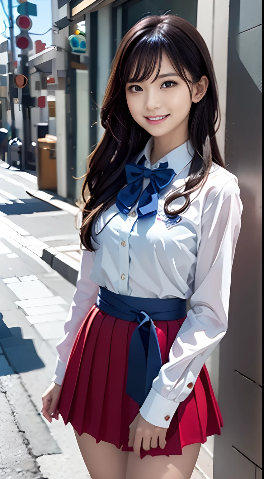 Girl, Solo, Shiny Skin, Very Detailed, Ultra Detailed, Ultra High Definition, (Photorealistic: 1.4), (Best Quality), (Best Shadow), Detailed, Perfect Lighting, BREAK Black Hair, Long Hair, (Small: 1.2), Japanese girl, solo, perfect body, perfect anatomy, smile, cowboy shot, BREAK 17 age, school uniform, (blue bowtie, blue sash:1.3), BREAK (red bolero jacket, red skirt:1.1), BREAK White blouses, long sleeves,