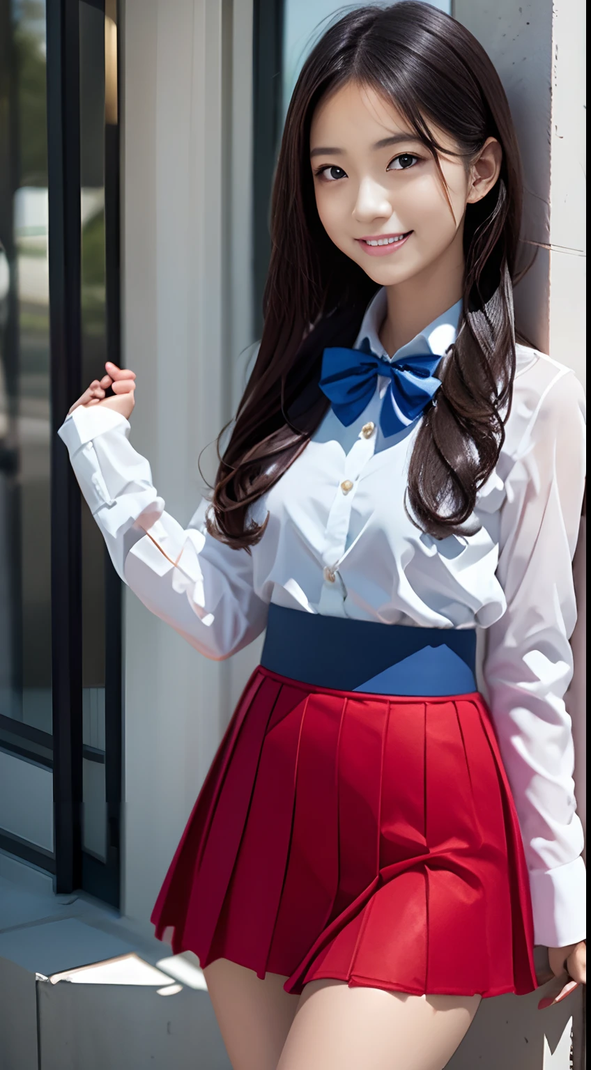 Girl, Solo, Shiny Skin, Very Detailed, Ultra Detailed, Ultra High Definition, (Photorealistic: 1.4), (Best Quality), (Best Shadow), Detailed, Perfect Lighting, BREAK Black Hair, Long Hair, (Small: 1.2), Japanese girl, solo, perfect body, perfect anatomy, smile, cowboy shot, BREAK , school uniform, (blue bowtie, blue sash:1.3), BREAK (red bolero jacket, red skirt:1.1), BREAK White blouses, long sleeves,