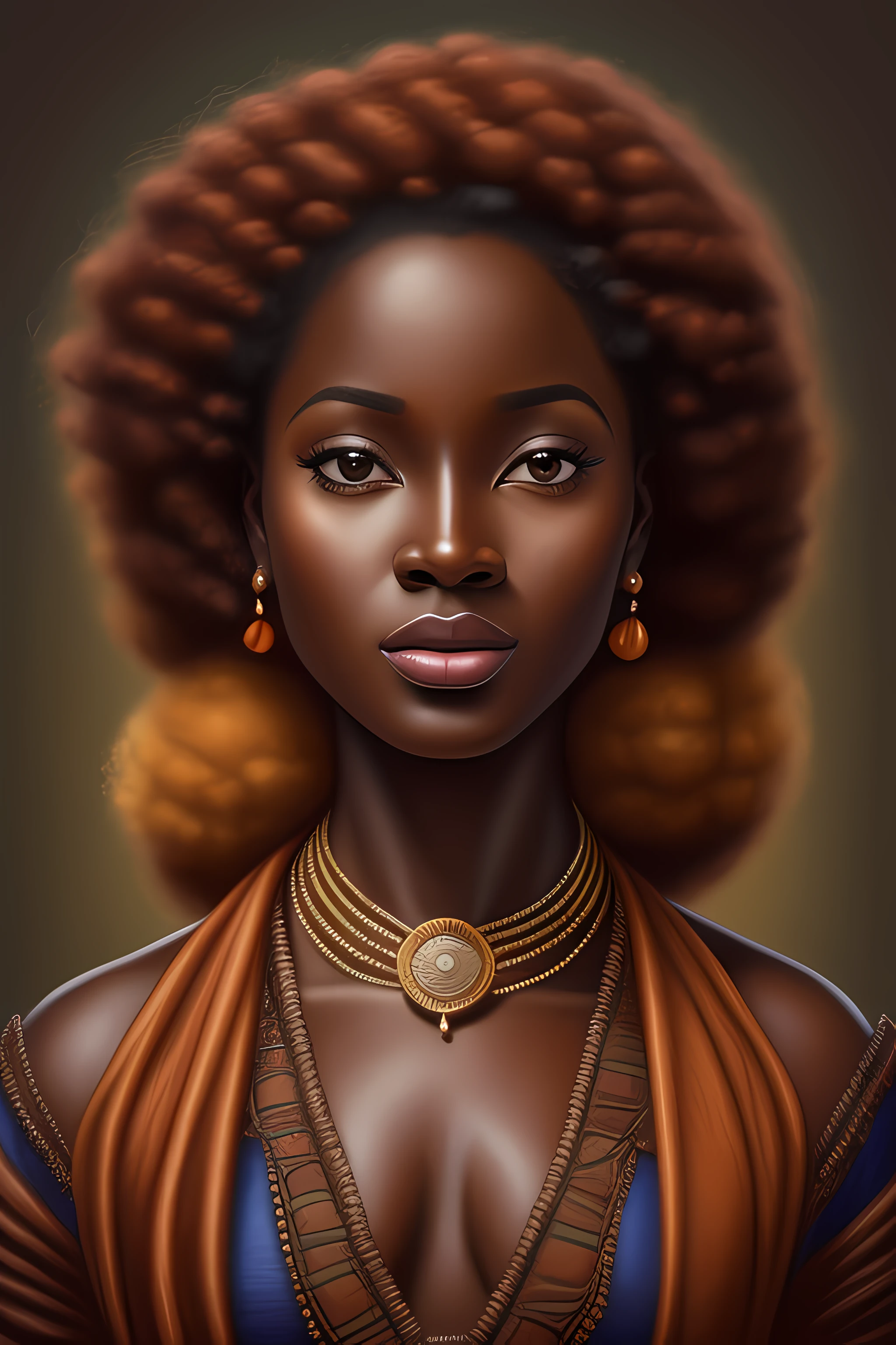 retrato realista uma mulher  africana africana pele marrom escura queimada do sol, cabelos longos:2                
 cacheados, roupas de princesas, long rococo style dress,  imagem intrigante, imagem limpa, ao fundo um lindo lago, cores vividas, Cinematic shadows,